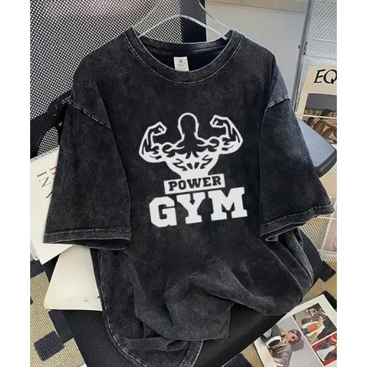Men's Bodybuilder Retro Short-Sleeve Crew Neck (Round Neck) Tops, 230G Heavyweight Cotton Menswear, Distressed Faded Print, Breathable Machine-Washable Loose Fit, Gym/Casual Daily Use, S/3XL/4XL/5XL All-Season Essential Gift