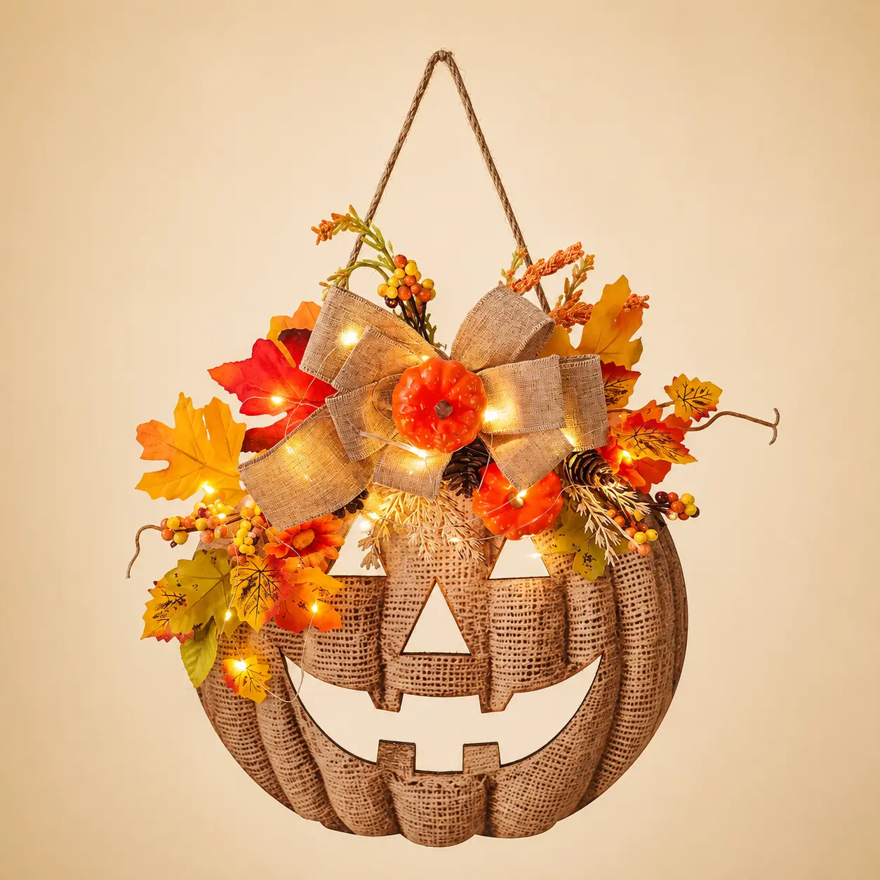 Lighted Halloween Pumpkin Wreath for retro halloween, halloween festivity & halloween theme, Burlap Jack-O’-Lantern Door Hanging for box halloween Decor, Batteries Not Included