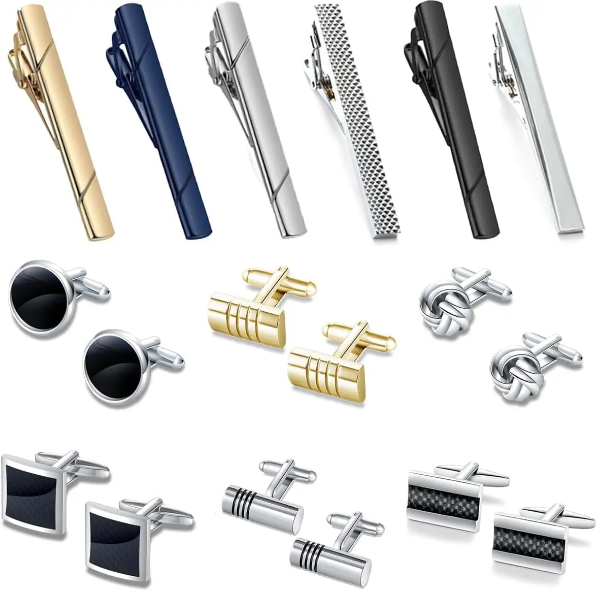 18Pcs Tie Clip and Cufflink Set for Men, 6 Necktie Bars & 6 Pairs Cufflinks, Gold Silver Black Blue Dress Shirt Accessories for Wedding Business Tuxedo
