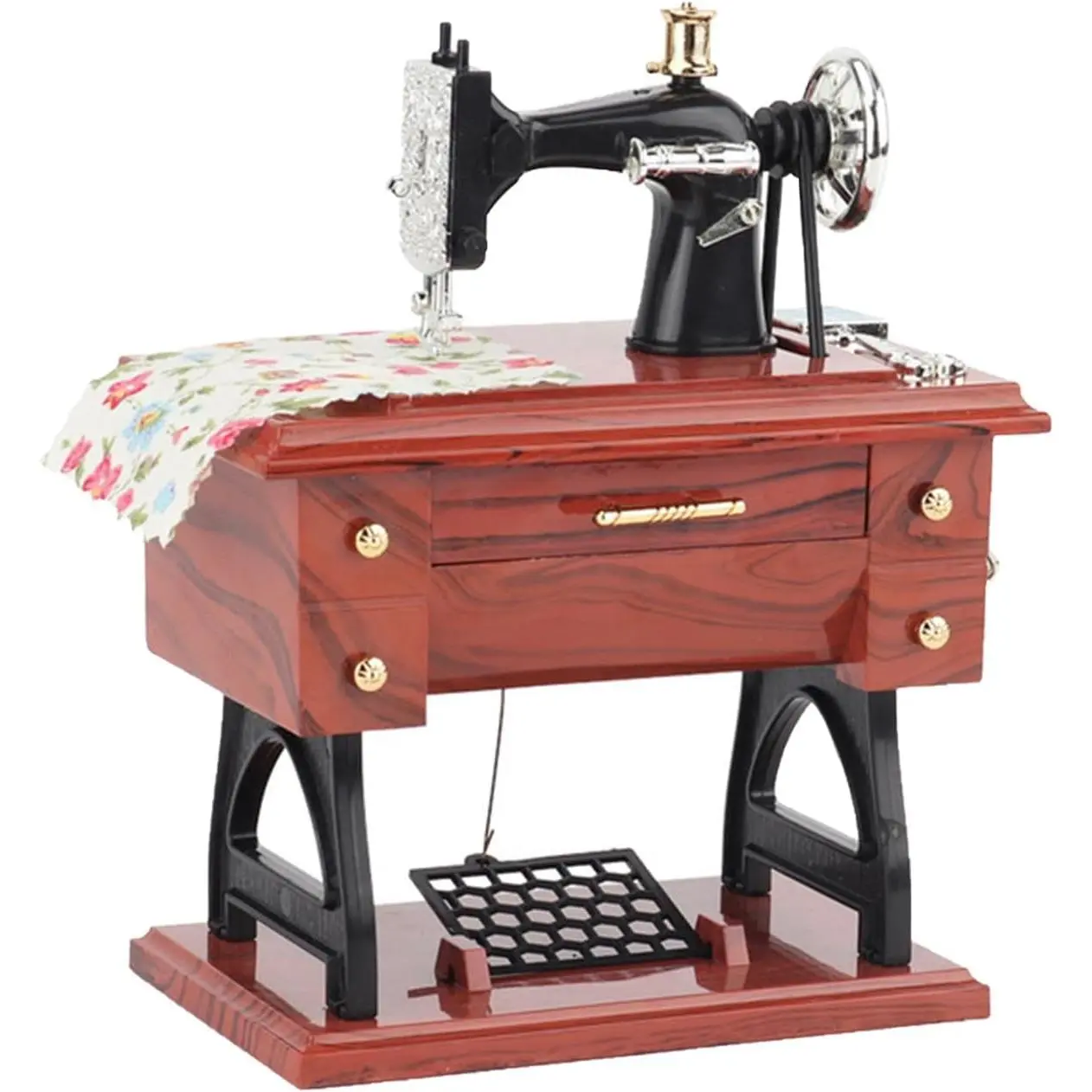 Sewing Machine  Box  Hand Crank Desktop Decor | Drawer-activated moving treadle, , belt wheel, no ,  grain ABS display , melody varies