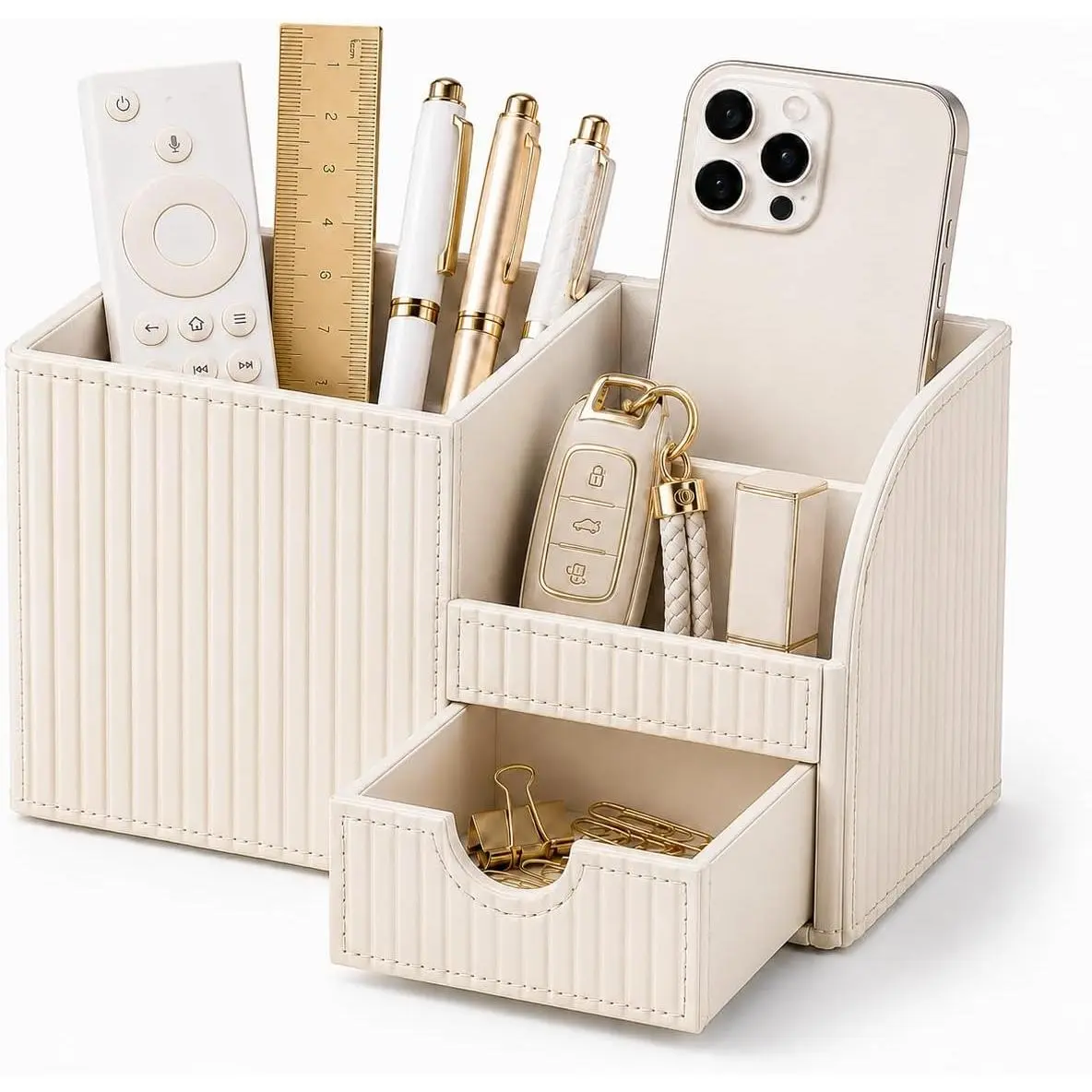 Luxury PU Leather Desk Organizer with Drawer, Modern Aesthetic Office Desk Accessories for Women, Multi-Compartment Pen Holder & Desktop Storage Organizer for  Office, Cream White