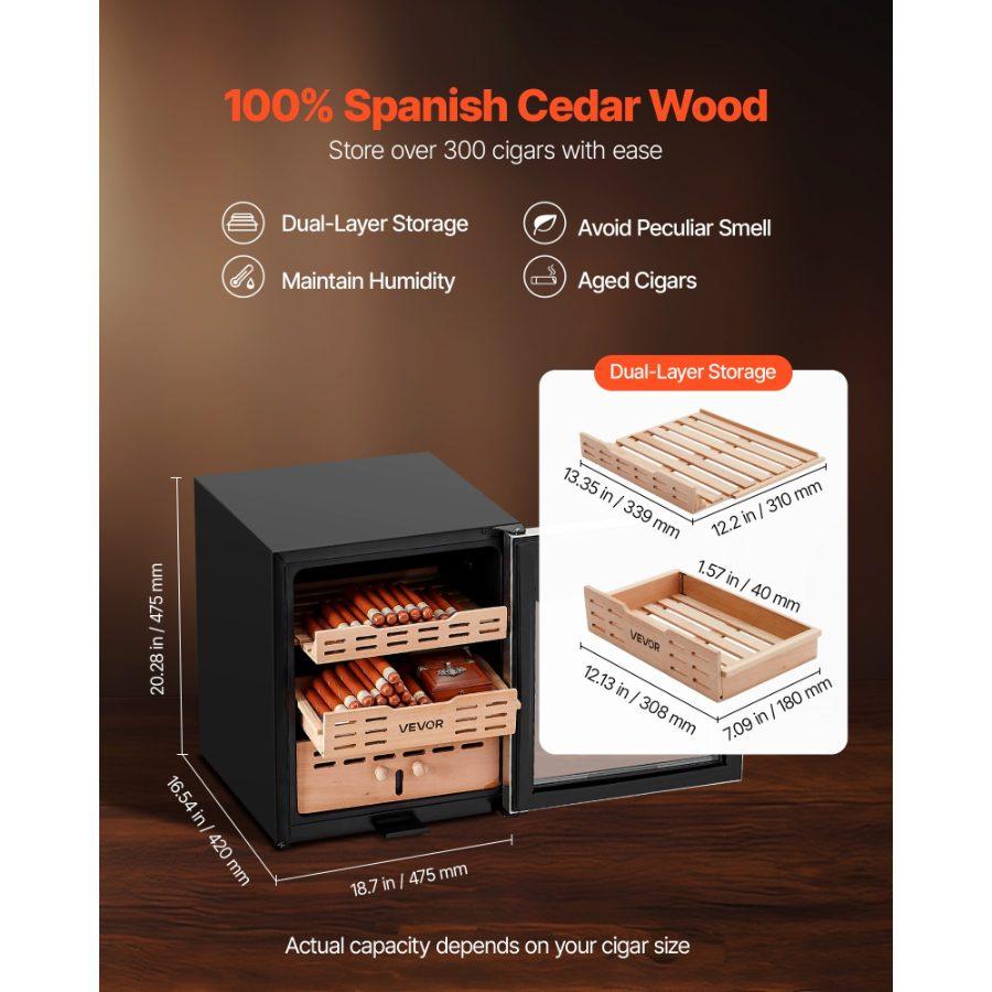 VEVOR Electric Humidor, 50L, 300 Counts Electric Cigar Humidor Cabinet with Compressor Cooling, Constant Humidity Temperature Control, Spanish Cedar Wood Shelves Drawers, 2 Layers, for Household