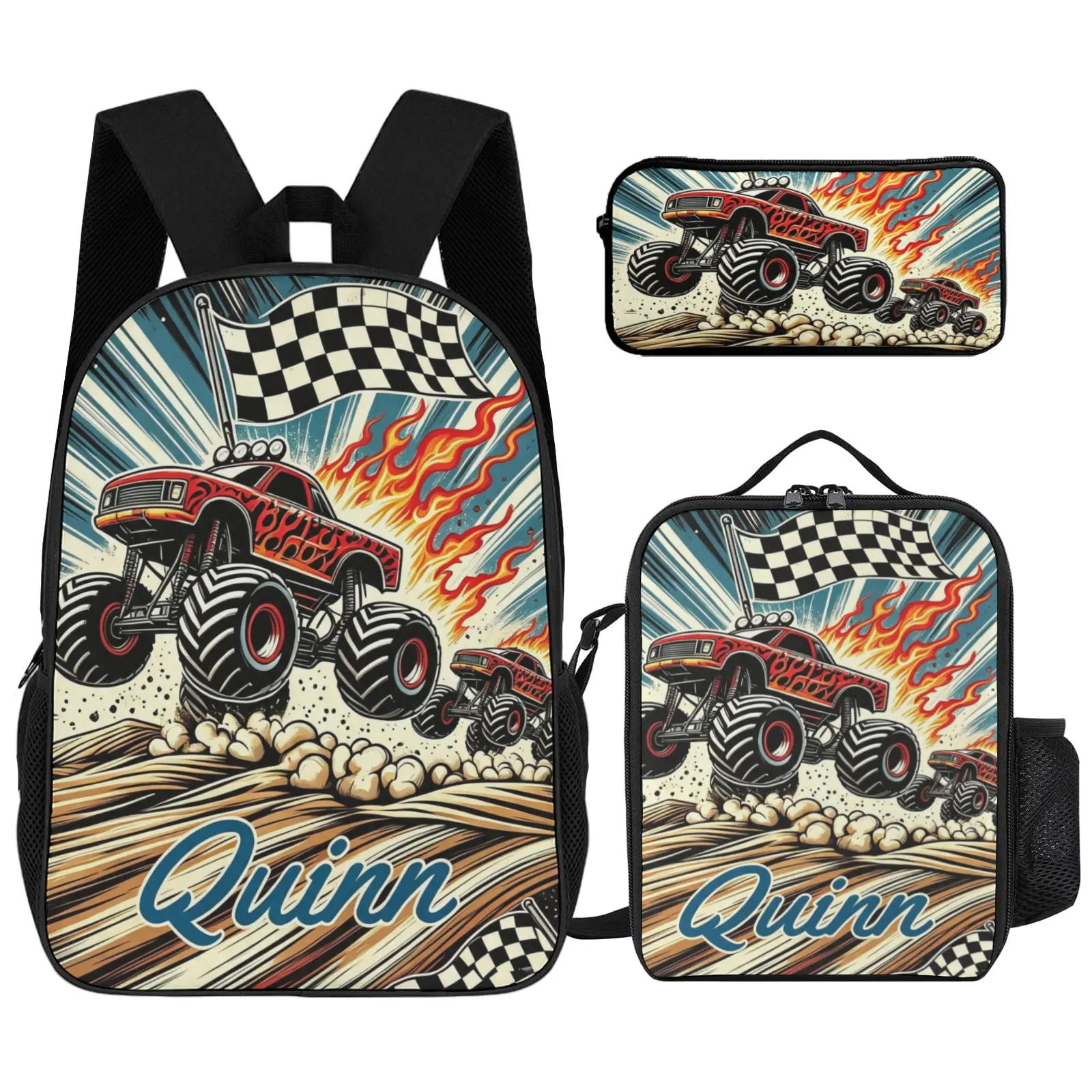 Red Monster Truck Personalized School Backpack Set for Boys - Name Added, Printed Art, Lunch Box, Pencil Case, Custom Back to School Set Pack (Office & Educational Supplies)