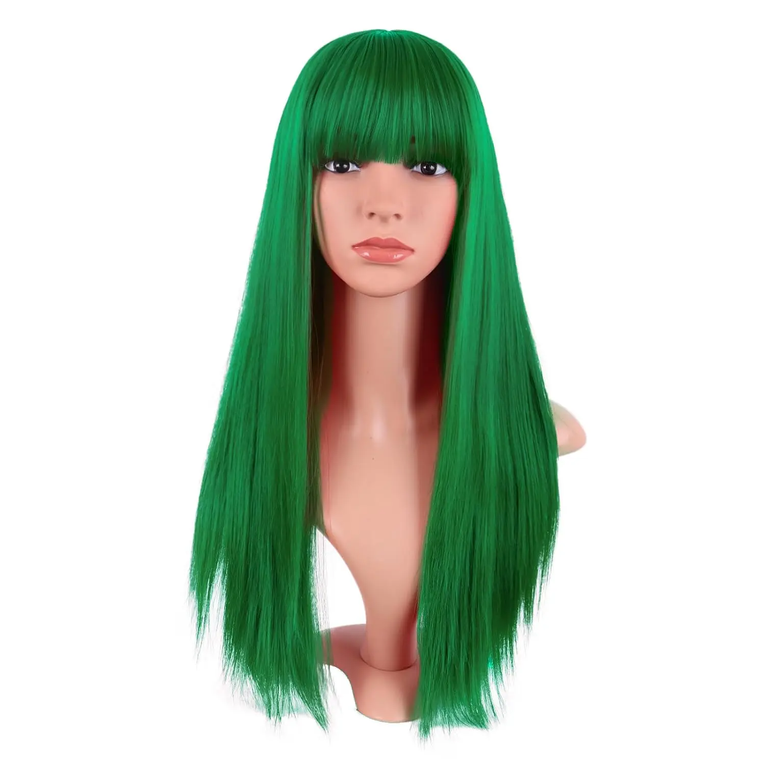 24 Inch Long Straight Flat Bangs Party  Wig, Grass Green | 60 cm Synthetic Hair Wig, Heat Resistant, Women