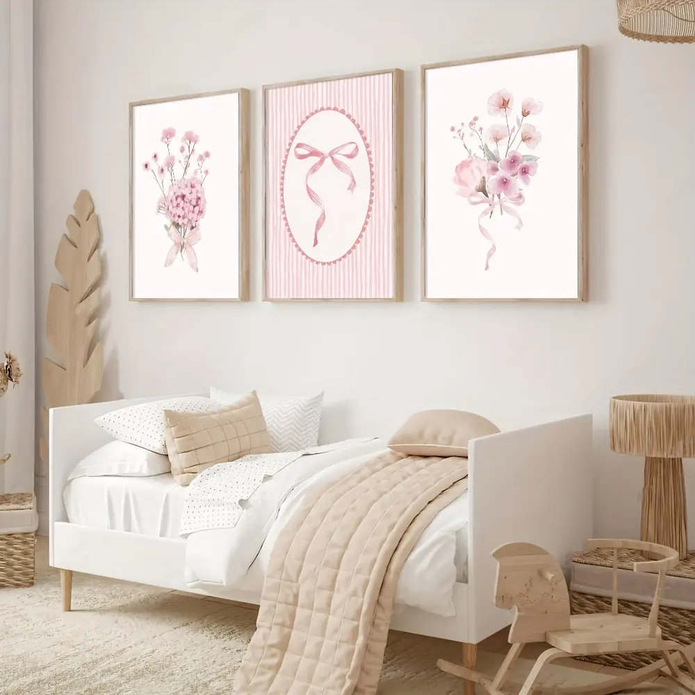 3Pcs 08x12inch(20x30cm) Frameless Floral Motif Posters - Pink Bow Plant Print, Minimalist Coquette Aesthetic Room Accessories, Modern Girl Room Bedroom Dorm Decor Home Supplies, 08X12inch(20X30cm) *3Pcs, Bedroom Decor