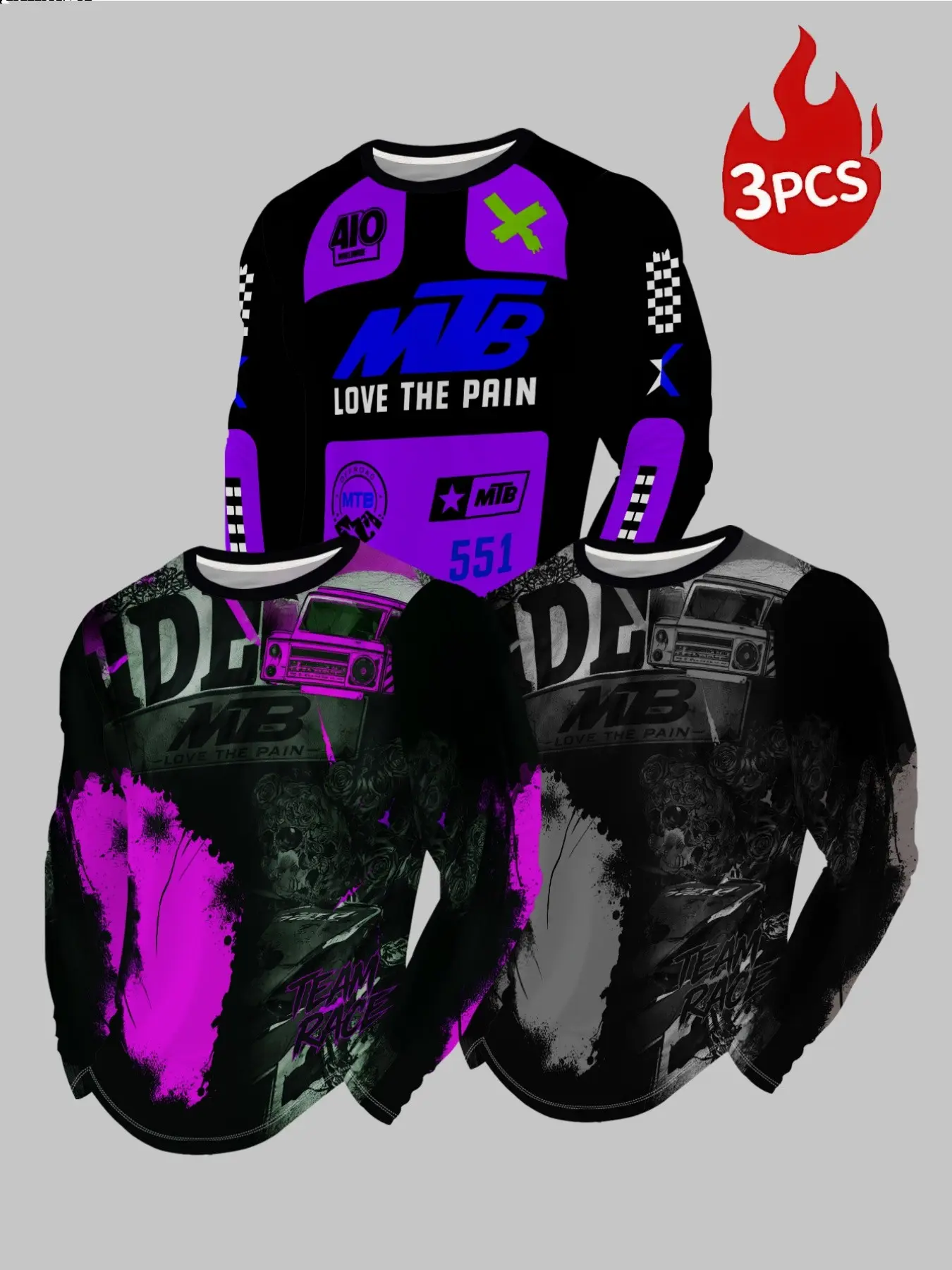 3Pcs Men Graphic Long Sleeve Shirts, Casual Sport Shirt, Motocross Racing Skull Print Crew Neck Tops, Off Road Bike Streetwear Loose Casual Pullover For Riding Outdoor