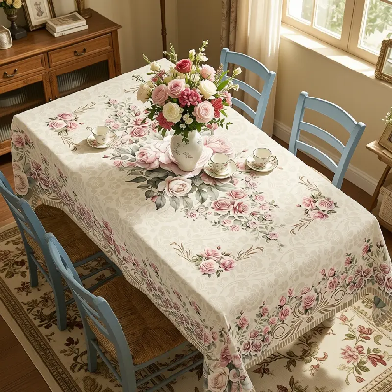 Vintage Rose Floral Tablecloth, Ivory and Pink, Featuring Rose Bouquets and Decorative Botanical Borders, Round, Rectangular and Oval Shapes for Dining Rooms, Parties and Outdoor Gatherings, polyester, washable, clearance sale