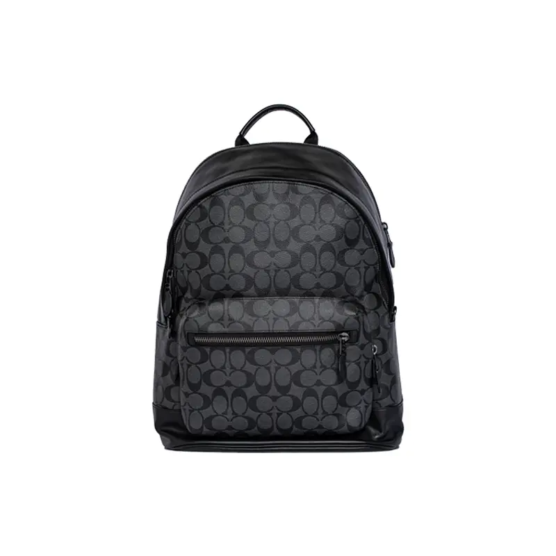 COACH West 35 Large Capacity Classic Monogram Zip-Top Backpack for Men, Coated Canvas and Calfskin, Black