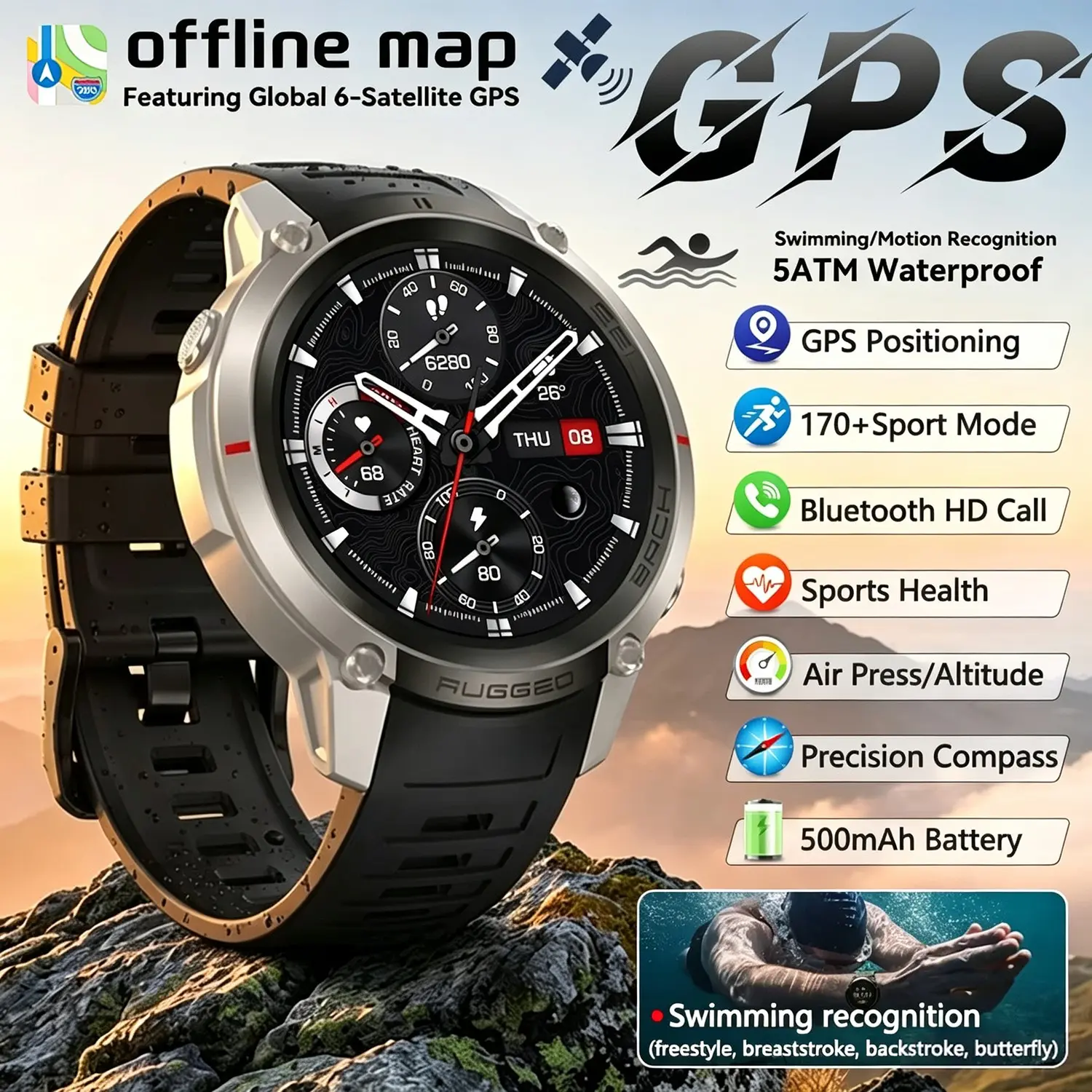 Outdoor Military Offline Map GPS Smart Watch 5ATM Waterproof Six Star positioning Compass 170+ Sport Swim Smart Watches man 2026