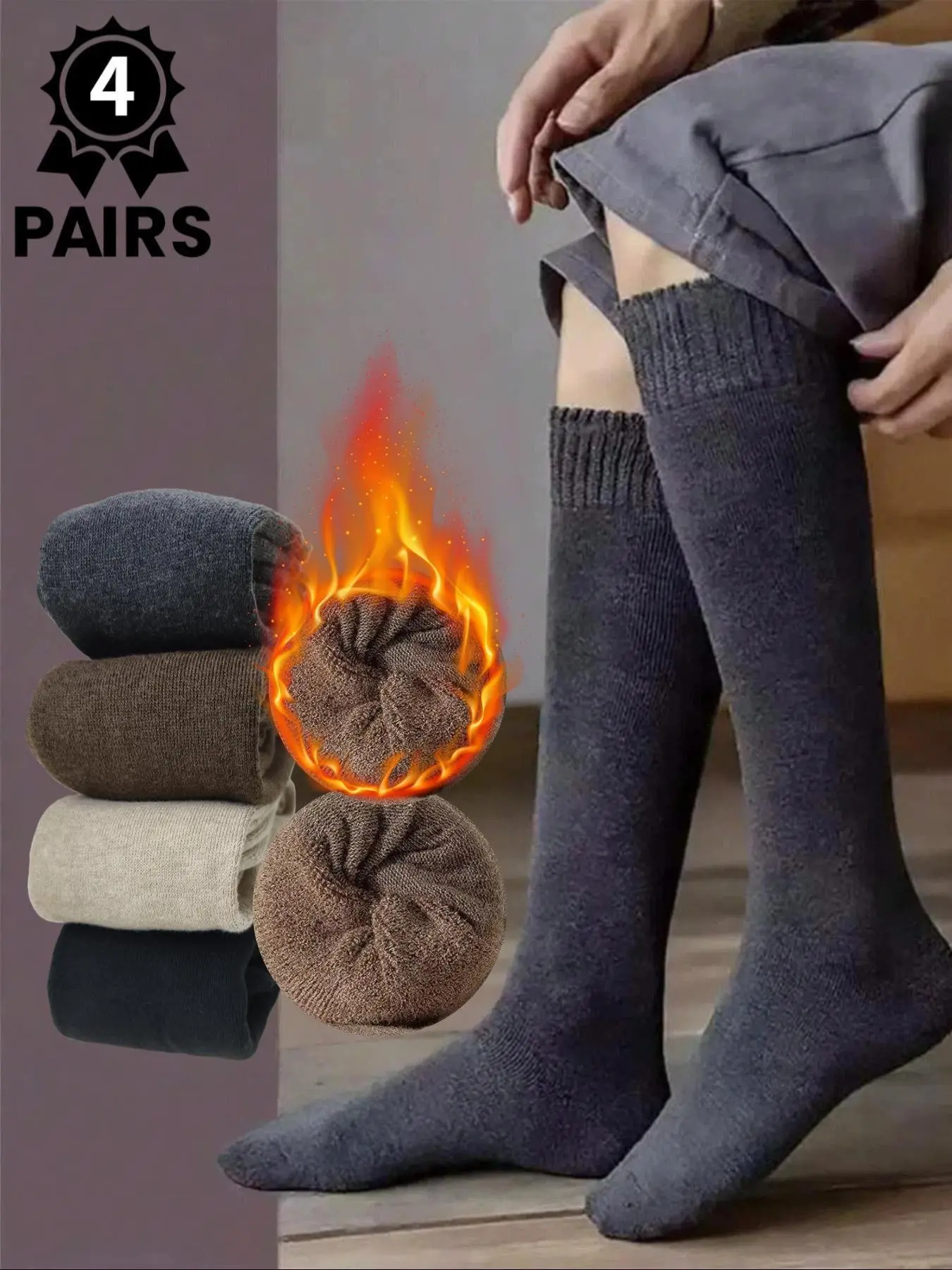 4 pairs of men's calf socks, suede snow-terrain terry socks, moisture-wicking knee-high socks, thickened extra-thick suede socks, men's long socks, solid-color business styles, Soft Comfy Socks