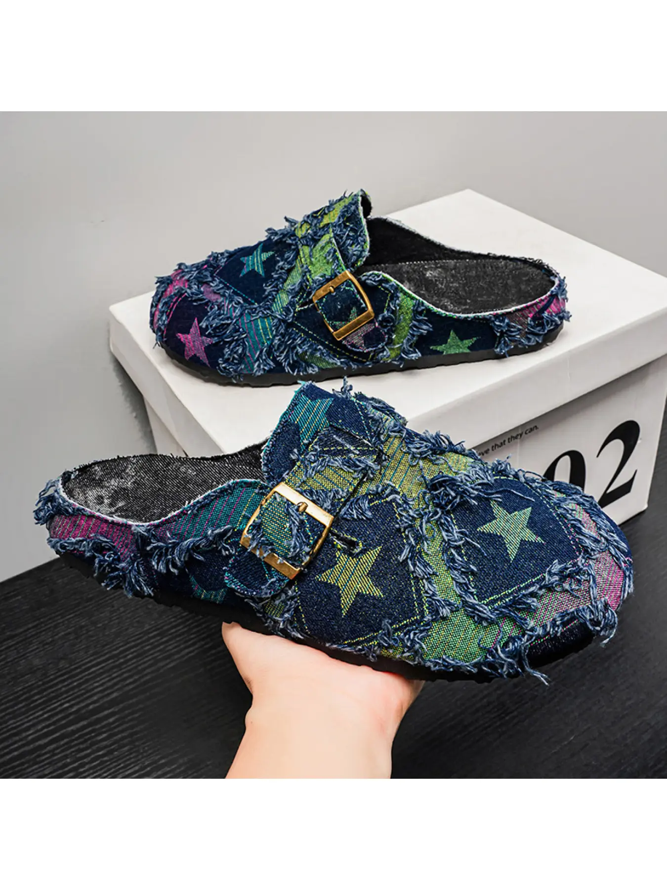 Unisex Vintage Frayed Denim Mule Clogs, Color Star Patchwork Buckle Slip On Slides, Mule Flats, Retro Non Slip Rubber Sole Casual Walking Footwear