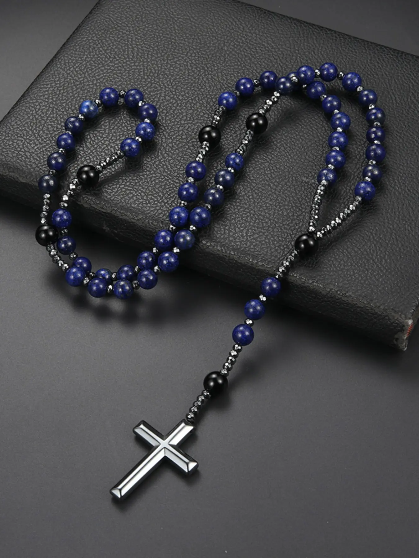 1pc 8mm Blue Bead Cross Pendant Necklace, Handmade Rosary Chain for Men and Women, All-Seasons Natural Stone Jewelry Gift