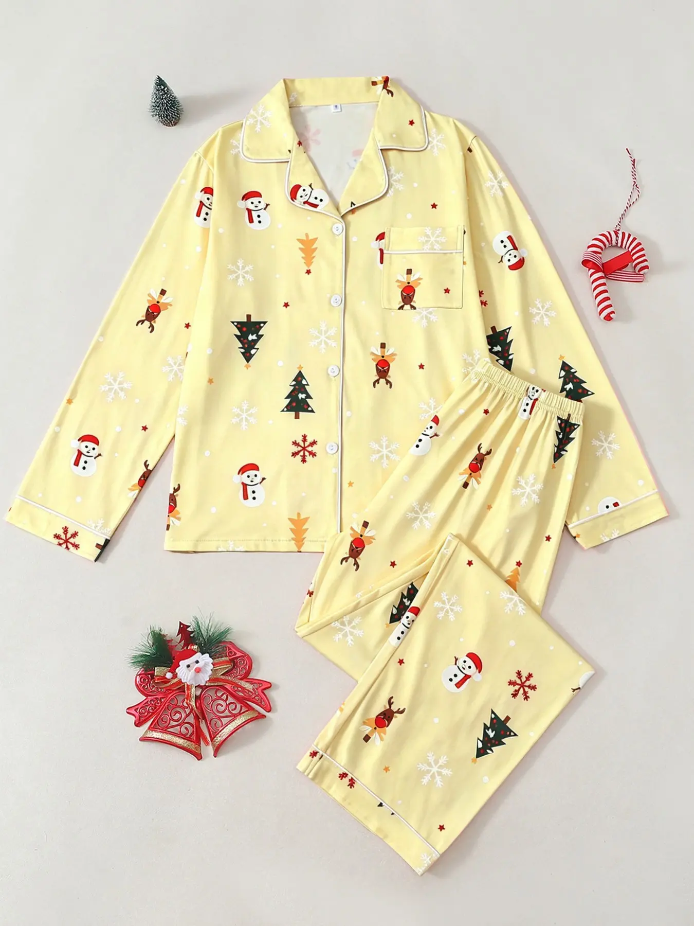 Women's Christmas Snowman Theme Pajama Set, Long Sleeve Collared Sleepwear, Casual Fitted Two-Piece, Fall & Winter Home Wear