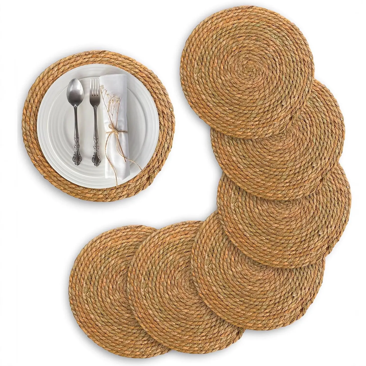1/5 Pcs Natural Woven Placemats, Round Straw Table Mats with Heat Resistant Design, Rustic Dining Table Decor for Kitchen & Home, Home Dining