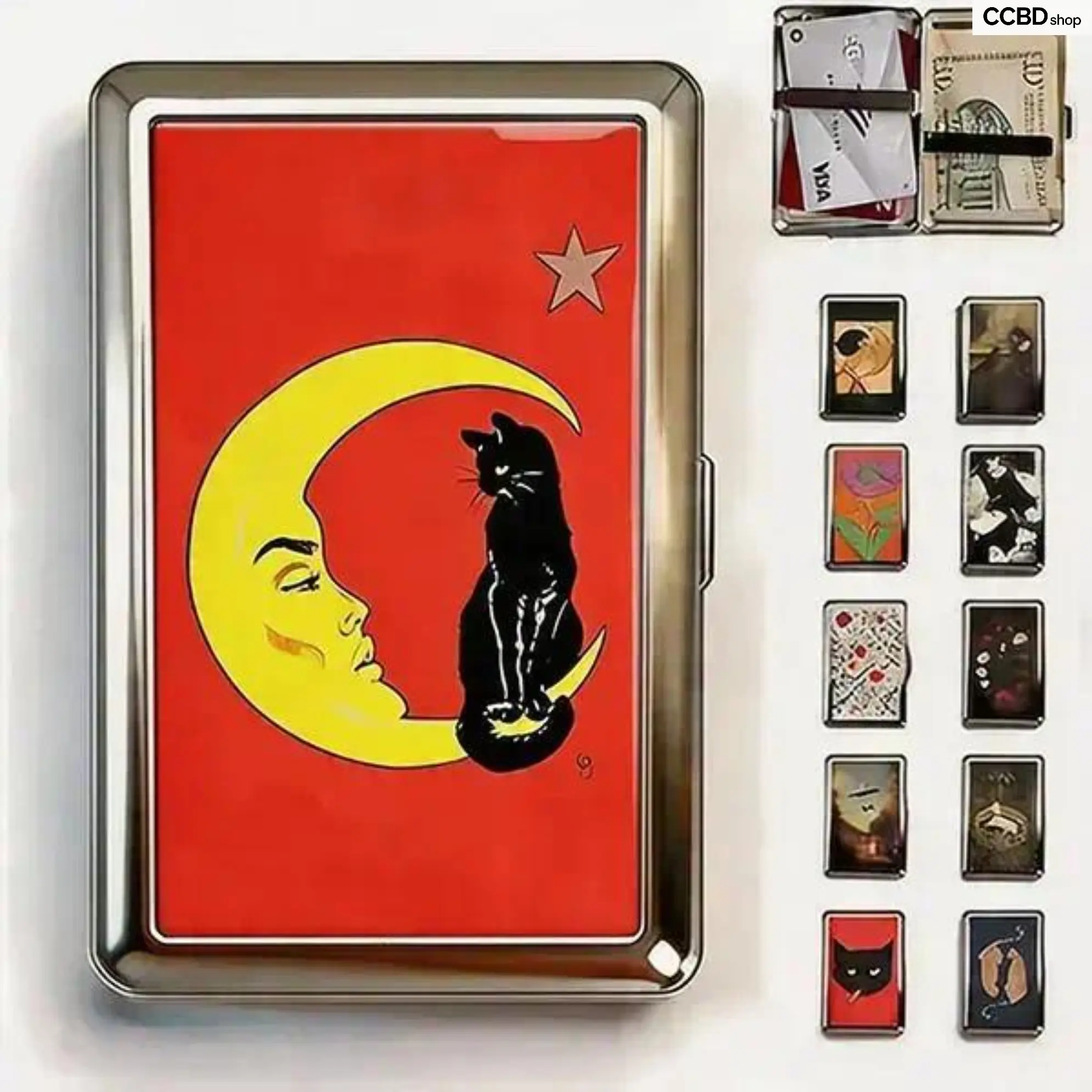 Vintage Metal Tin Card Holder Wallet - Retro Art Credit ID & Business Card Case, Compact Snap Closure Organizer, Slim Portable Mini Storage Box for Everyday Purse & Travel, Unisex Geometric Jewelry Set (Stud Earrings, Knuckle Rings)