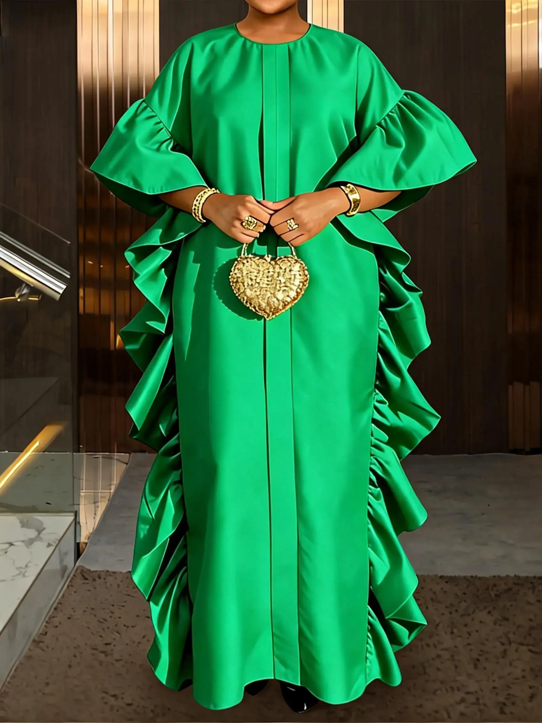 AOMEI Loose Fit Bubu African Dresses for Women Ruffle Short Sleeve Maxi Kaftan Formal Elegance Dress Party Wedding Vacation Outfits