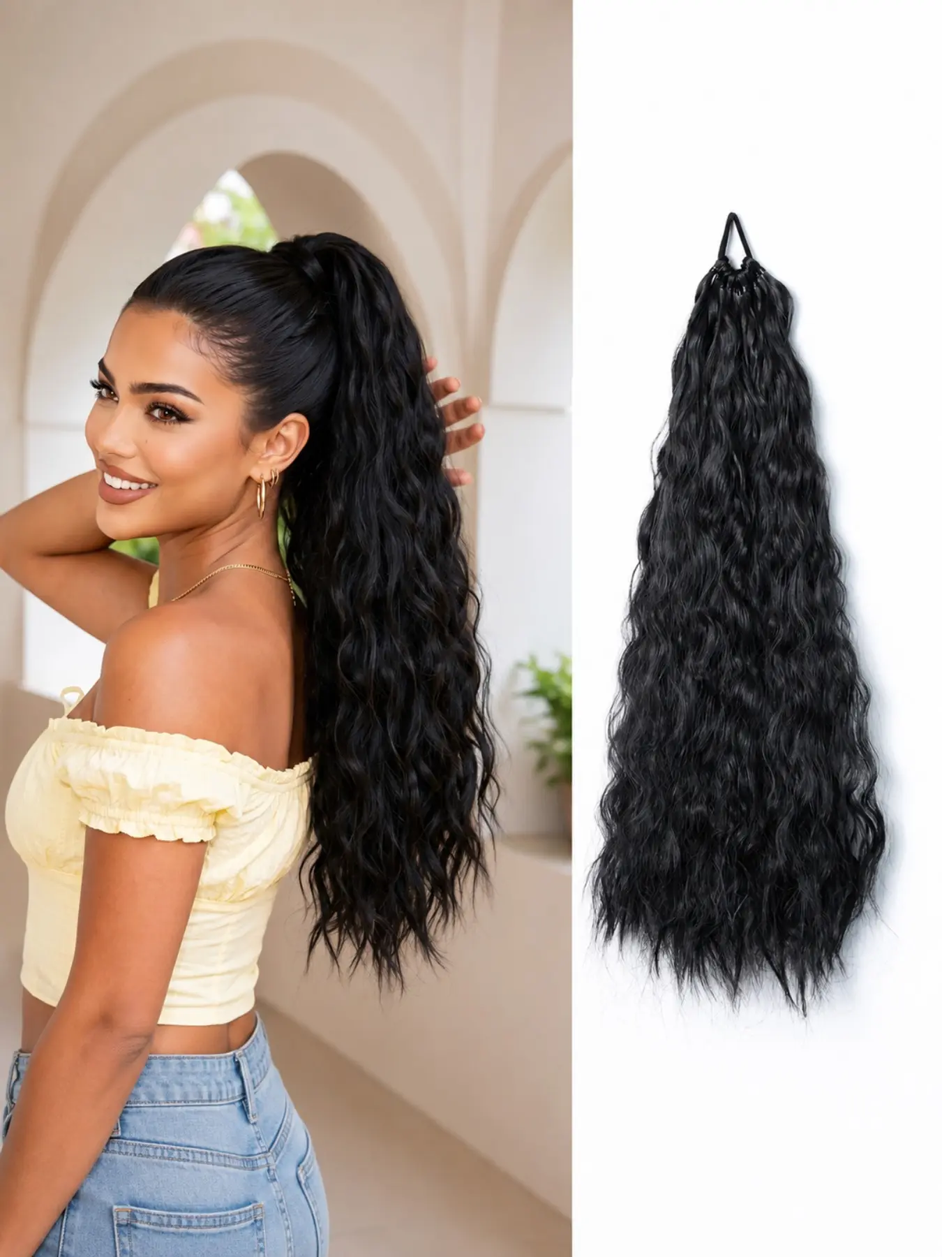 24-Inch Long Wavy Curly Ponytail Extension for Women, 120g Voluminous Synthetic Elastic Hair Tie, Easy Wear Hairpiece