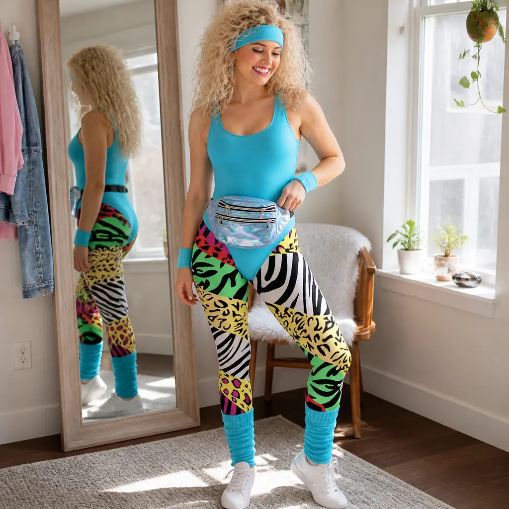 Women’s 1980s Workout Costume 7 Piece Set with Blue Leotard, Printed Leggings and Accessories