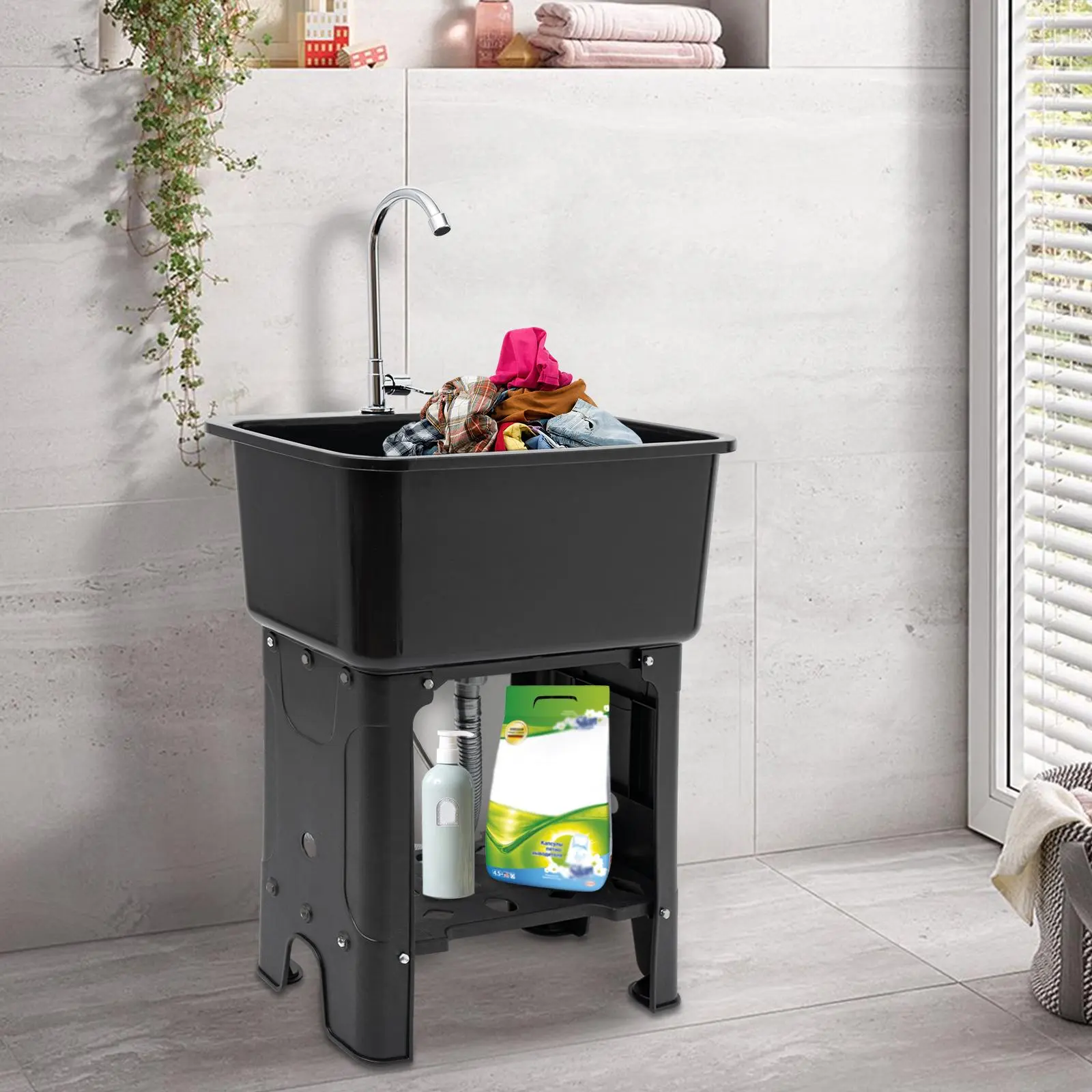 Utility Sink Laundry, Sanitation Station Indoor Outdoor Utility Sink with 360° Rotating Faucet and Washboard Garden & Kitchen Sink, Laundry Tub for Utility Rooms, Laboratories, Canteens (BLACK)