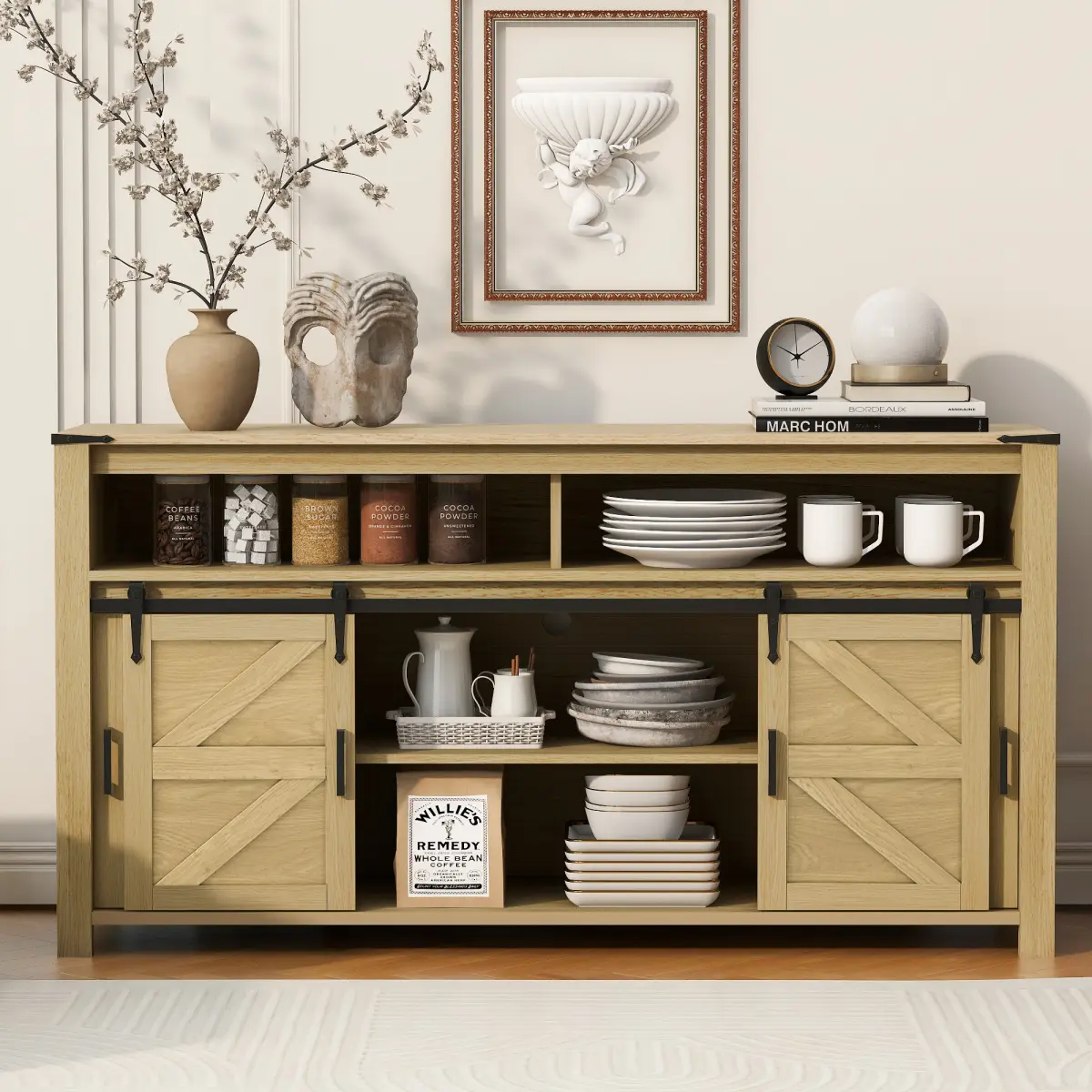 Aobtkel Sturdy Farmhouse Buffet Cabinet - 59.3'' U-Style, Aluminium Frame, Melamine Finish, Sliding Barn Door, Mesh Panels, Open Shelving, 88 lbs Capacity, Particle Board, Multi-Compartment System, for Living Room, Kitchen, Sliding Door