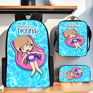 Pool and swim ring-themed girls' three-piece school bag set, regular Oxford fabric backpack paired with lunch bag and pencil case, suitable for daily study and short trips