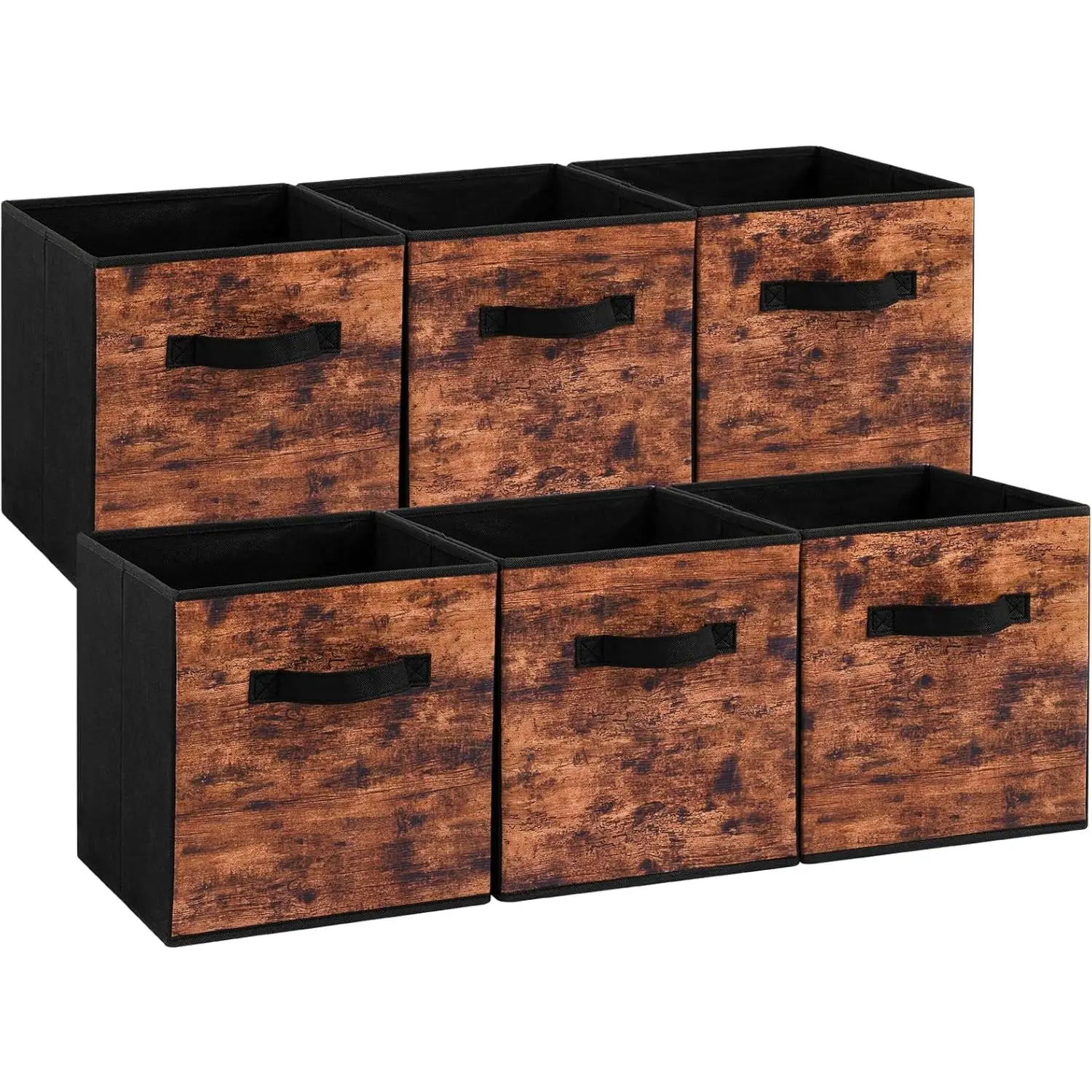 Fabric Storage Cubes, 6 Pack Foldable Storage Bins with Handle, 11 Inch Box for Shelves, Closet, Organizer, Rustic Brown and Black