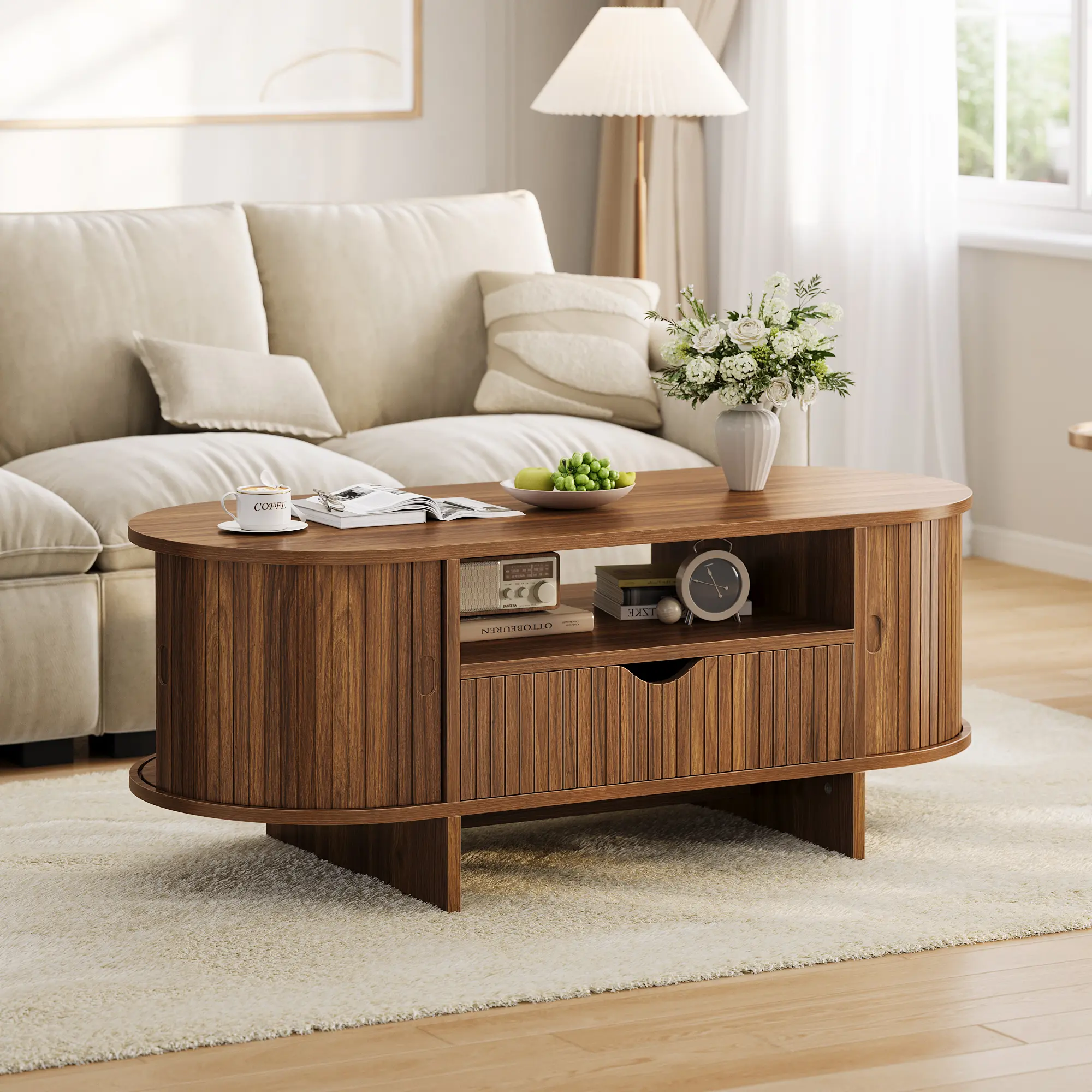 GARVEE Mid-Century Fluted Oval Coffee Table - 47.2" Indoor Furniture with Double-Sided Drawer, Sliding Cabinet Storage for Living Room