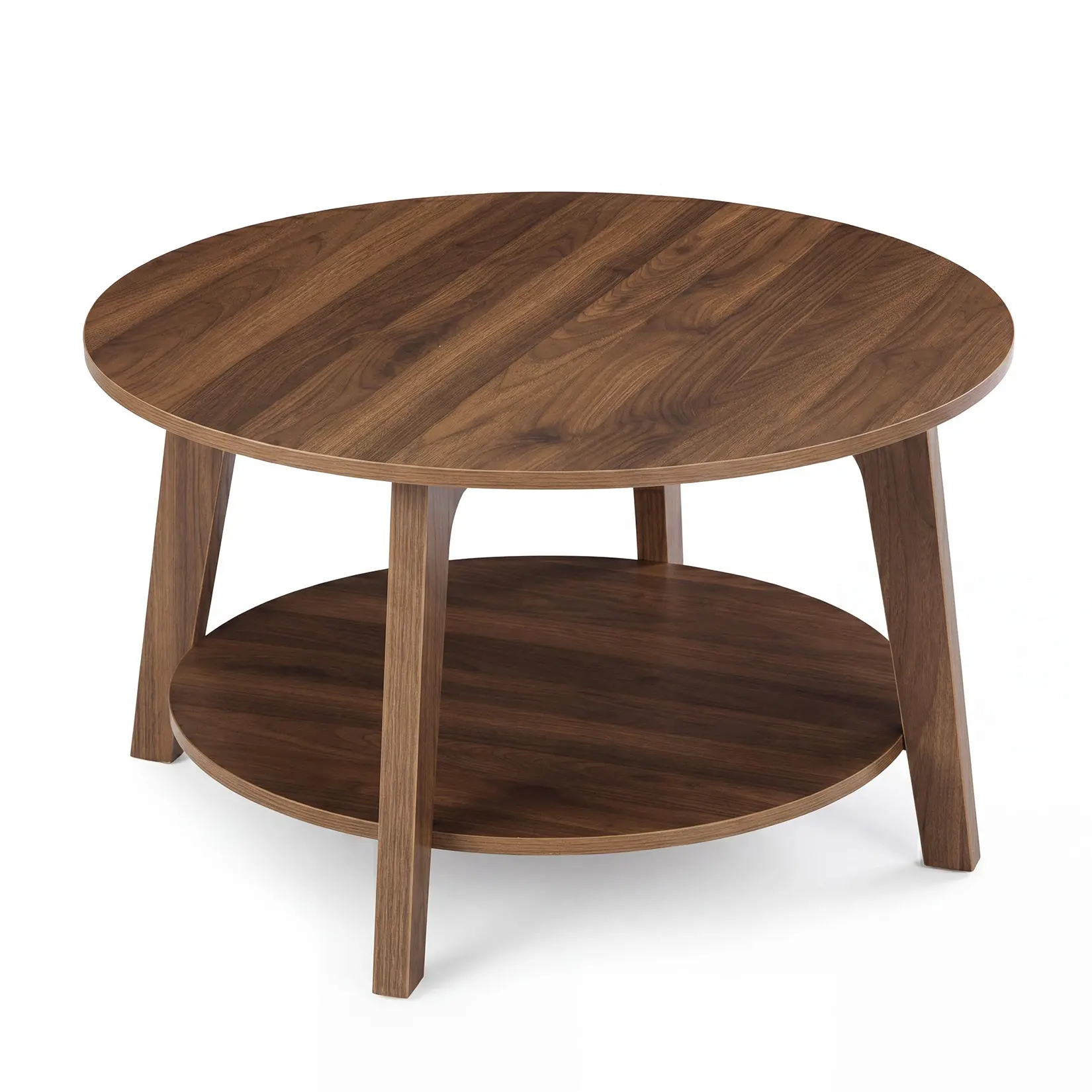 31.5" 2-Tier Round Coffee Table, Scandinavian Storage Table Walnut, Compact Design with Curved Legs for Small Apartments and Living Room