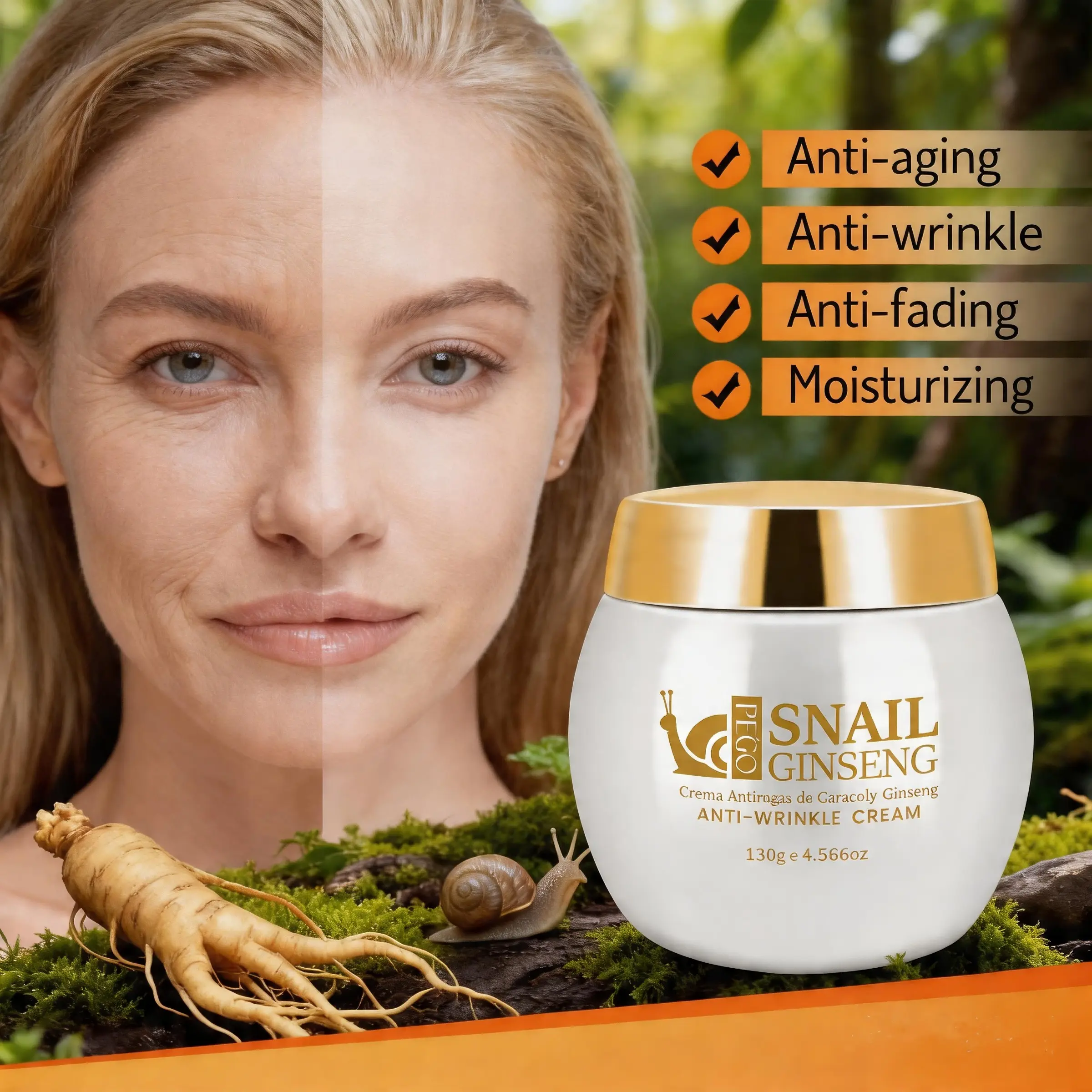 Snail & Ginseng Anti-Wrinkle CreamInfused with snail secretion filtrate and ginseng extract, it fights aging, lifts and tightens skin, restoring youthful skin condition. Suitable for all skin types.