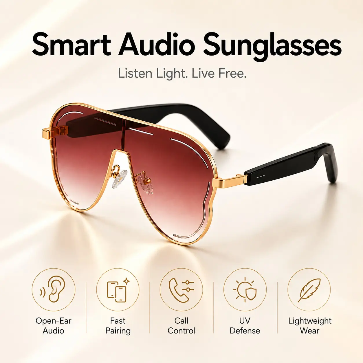 Bluetooth Smart Sunglasses with Open-Ear Sound, Built in Mic & Speakers, Touch Control, Music and Calls, Voice Assistant, UV400 Audio Glasses for Men Women Outdoor Sports Wireless Headphone Glasses