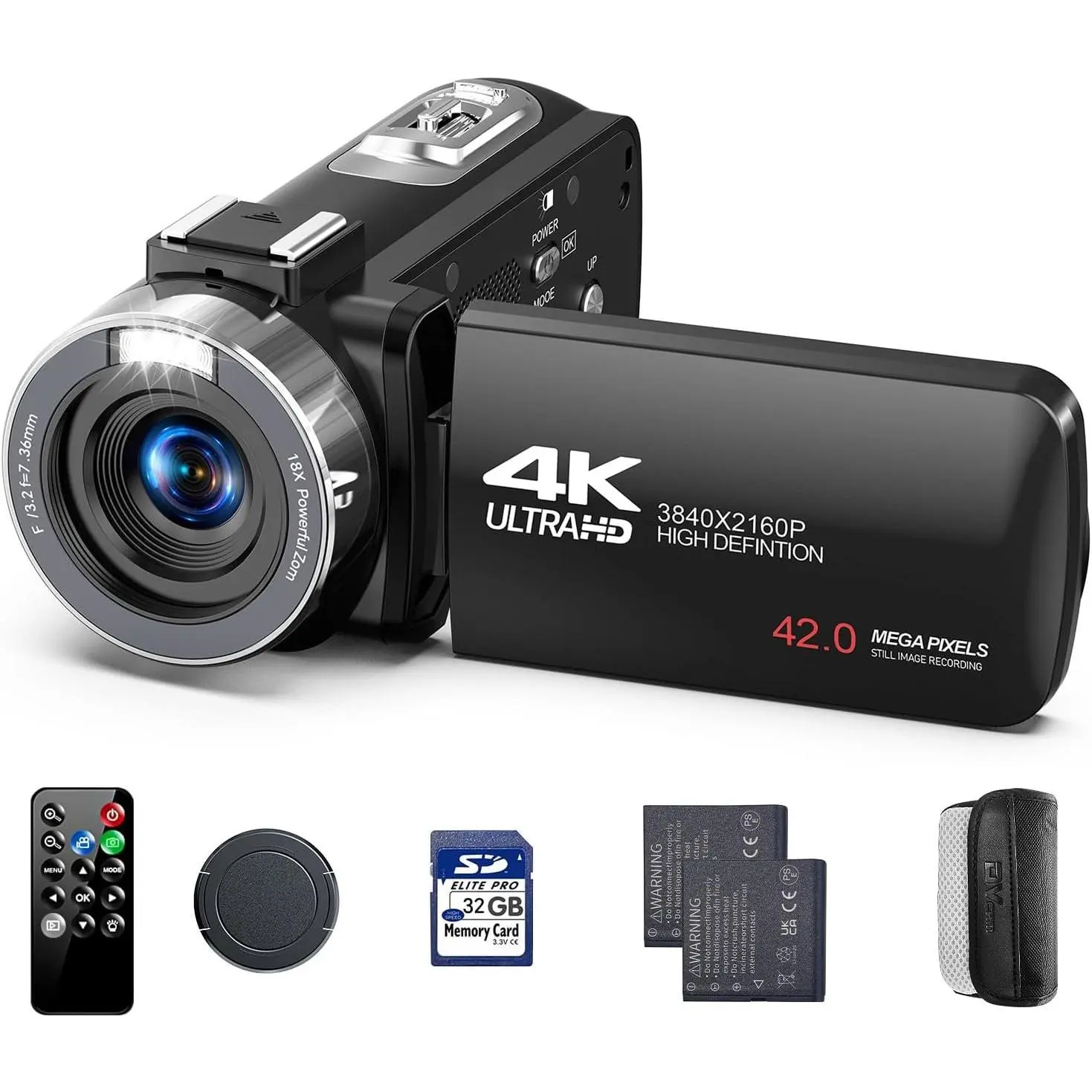 4K Video Camera Camcorder, 42MP Vlogging Camera for YouTube with 32GB SD Card, 2 , 3" 270° Rotating Screen, 18X Digital Zoom, Remote Control, Webcam for Live Streaming