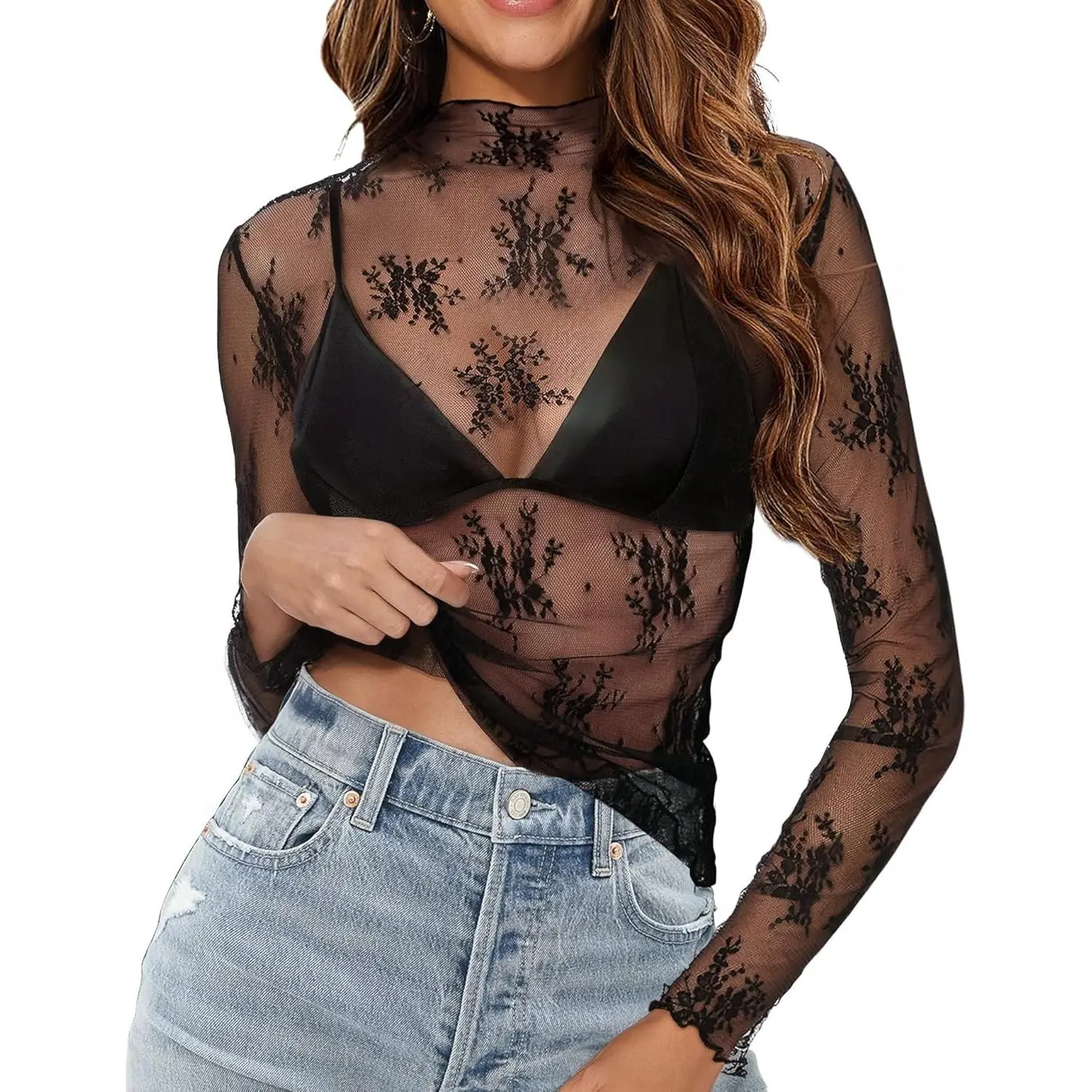 Mesh Long Sleeve Top for Women, Lace Sheer Tops See Through Mock Neck Floral Embroidery Sheer Blouce Fishnet Shirt