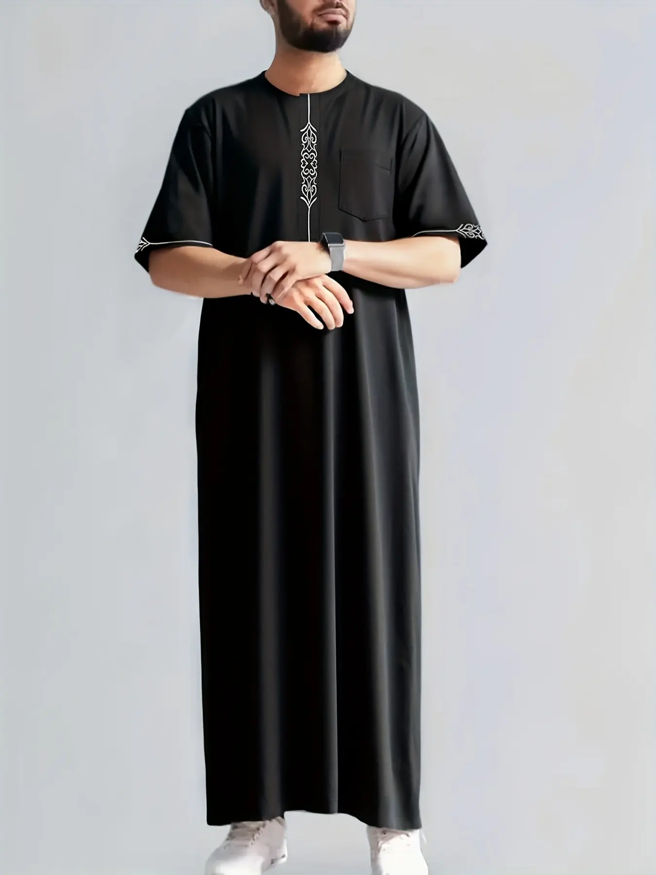 Men's Middle Eastern Arab Robe, Islamic Thobe, Minimalist Business Style, Stand Collar, Colorful Stripes, Short Sleeve, Chest Pocket, Loose Fit, Muslim Daily Wear