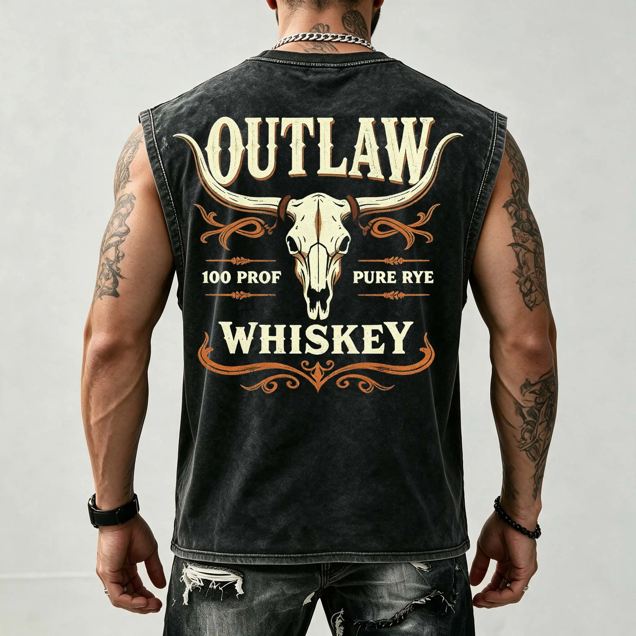 Men's Western Skull Tank Top, Vintage Biker Style Sleeveless Shirt, Cowboy Graphic Casual Streetwear