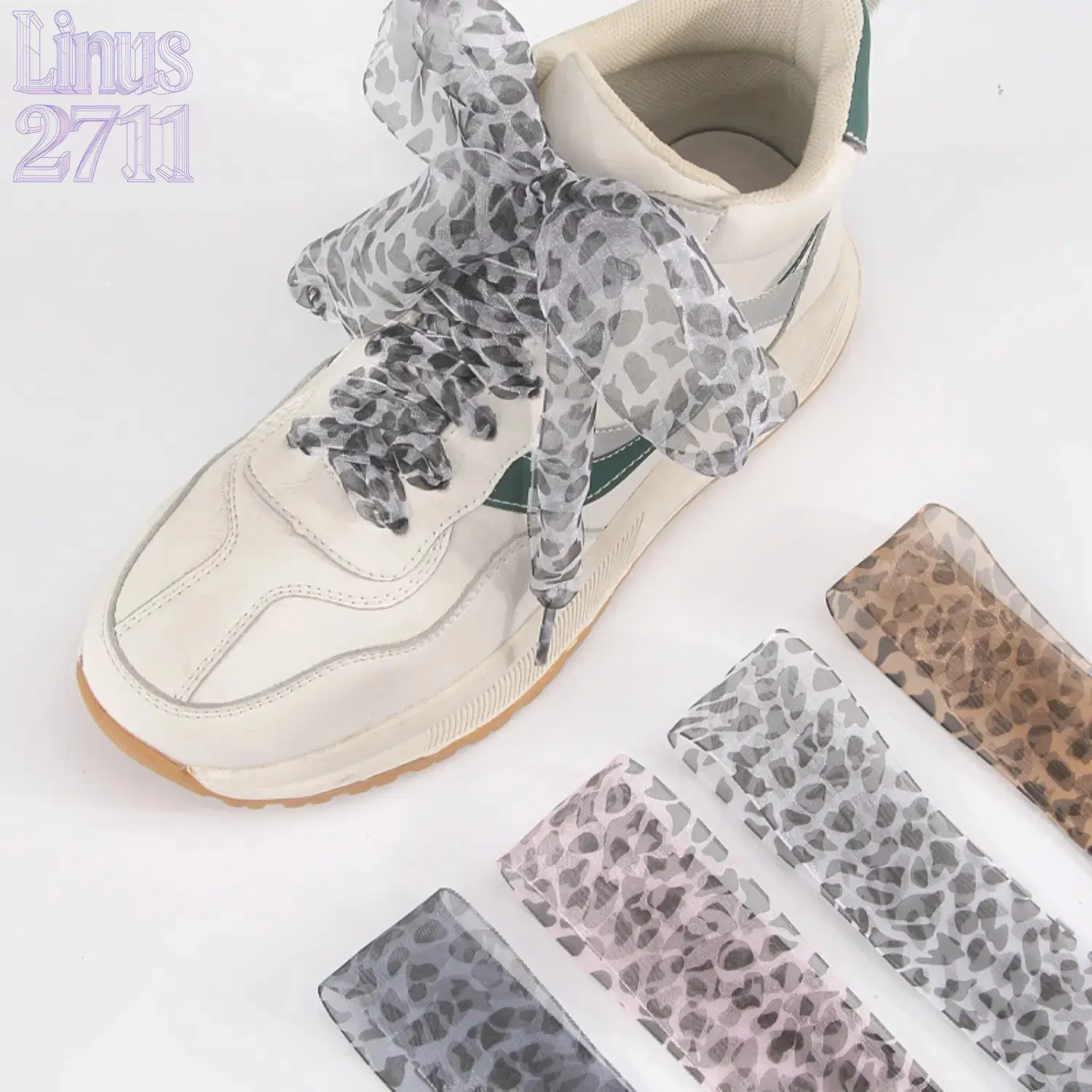 White Leopard Print Shoelaces, 4cm Extra-Wide Sheer Organza Ribbon, Casual Lace-Up for Sneakers, Nylon, Lightweight, Animal Print Shoelaces