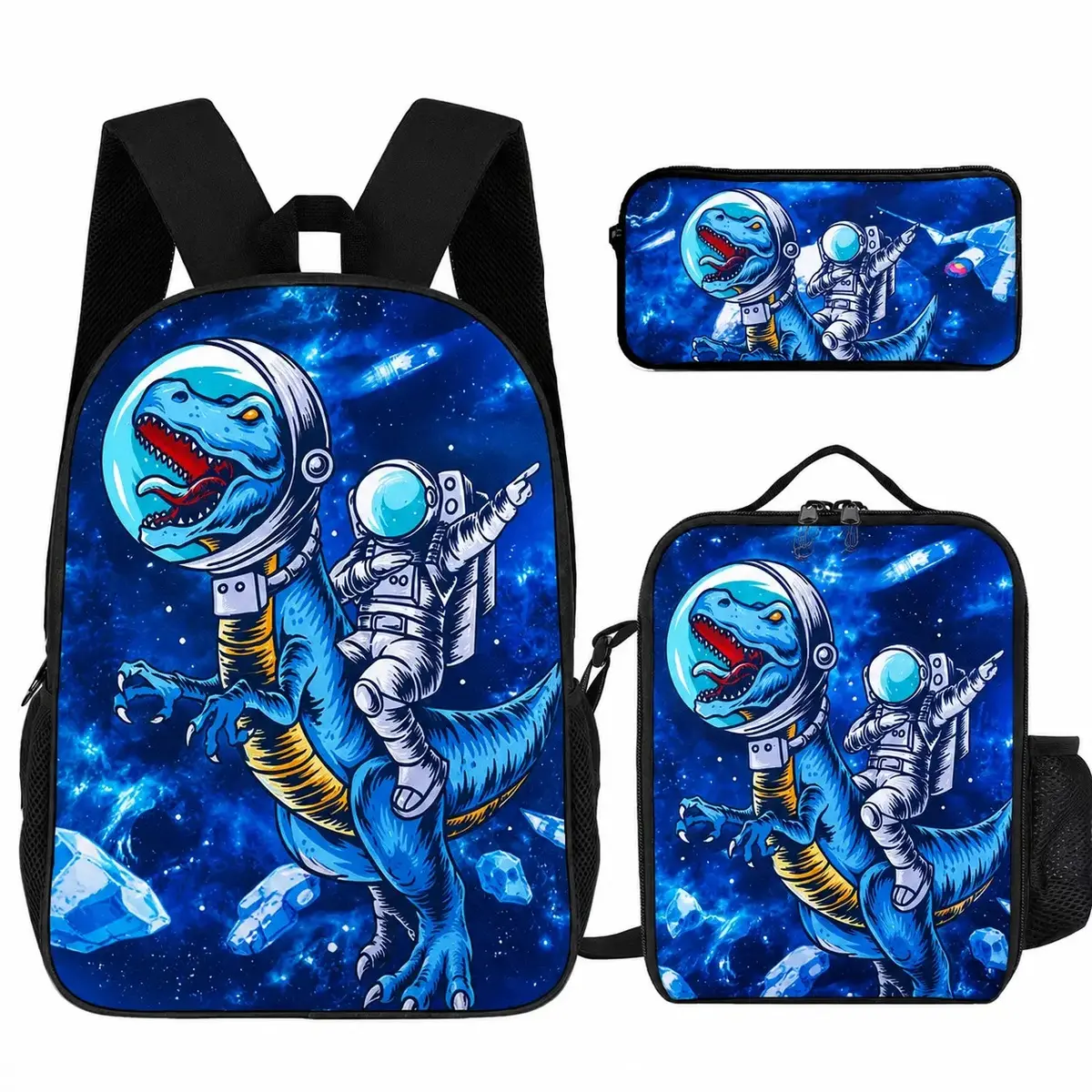 3-Piece Astronaut Rocket Backpack Set for Kids, Space Theme School Bookbag with Lunch Bag & Pencil Case, Back to School Travel Bag for Boys Girls