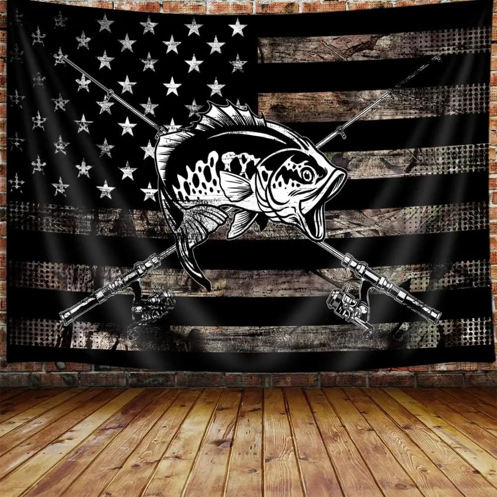 Country American Flag Fishing Tapestry, Rustic Hunting Camo Bass Fish Lake Black and White Tapestry Wall Hanging for Men Bedroom, Cabin Tapestries Poster Blanket College Dorm Home Decor