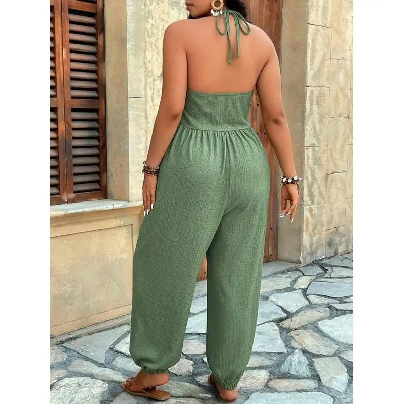 Plus Size Casual Relaxed Fit Jumpsuit, Solid Draped Sleeveless Design with a Cutout Detail and Pockets, Cutout One-Piece Jumpsuits & Rompers