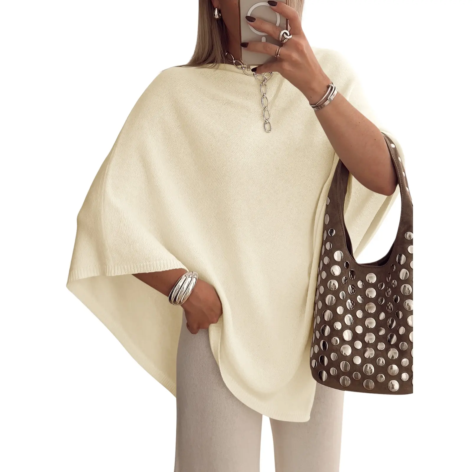 Saodimallsu Womens Poncho Sweater Boat Neck Batwing Sleeve Fall Trendy Casual Knit Pullover Cape Shawl Tops