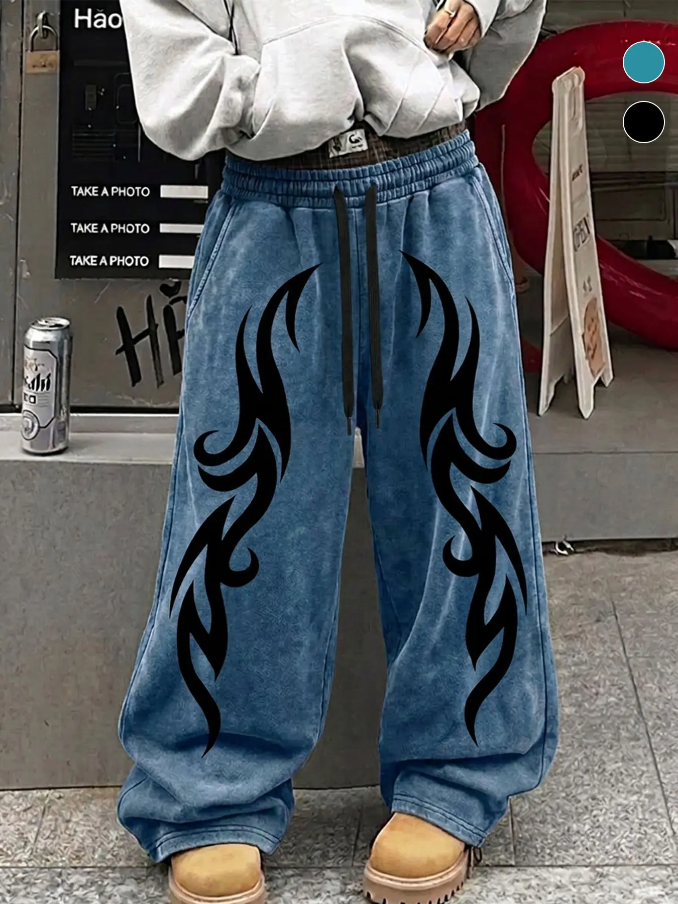 Vintage Washed Gradient Casual Straight Leg Pants, Tribal Flame Pattern, Loose Fit Drawstring Waist, Streetwear Sweatpants