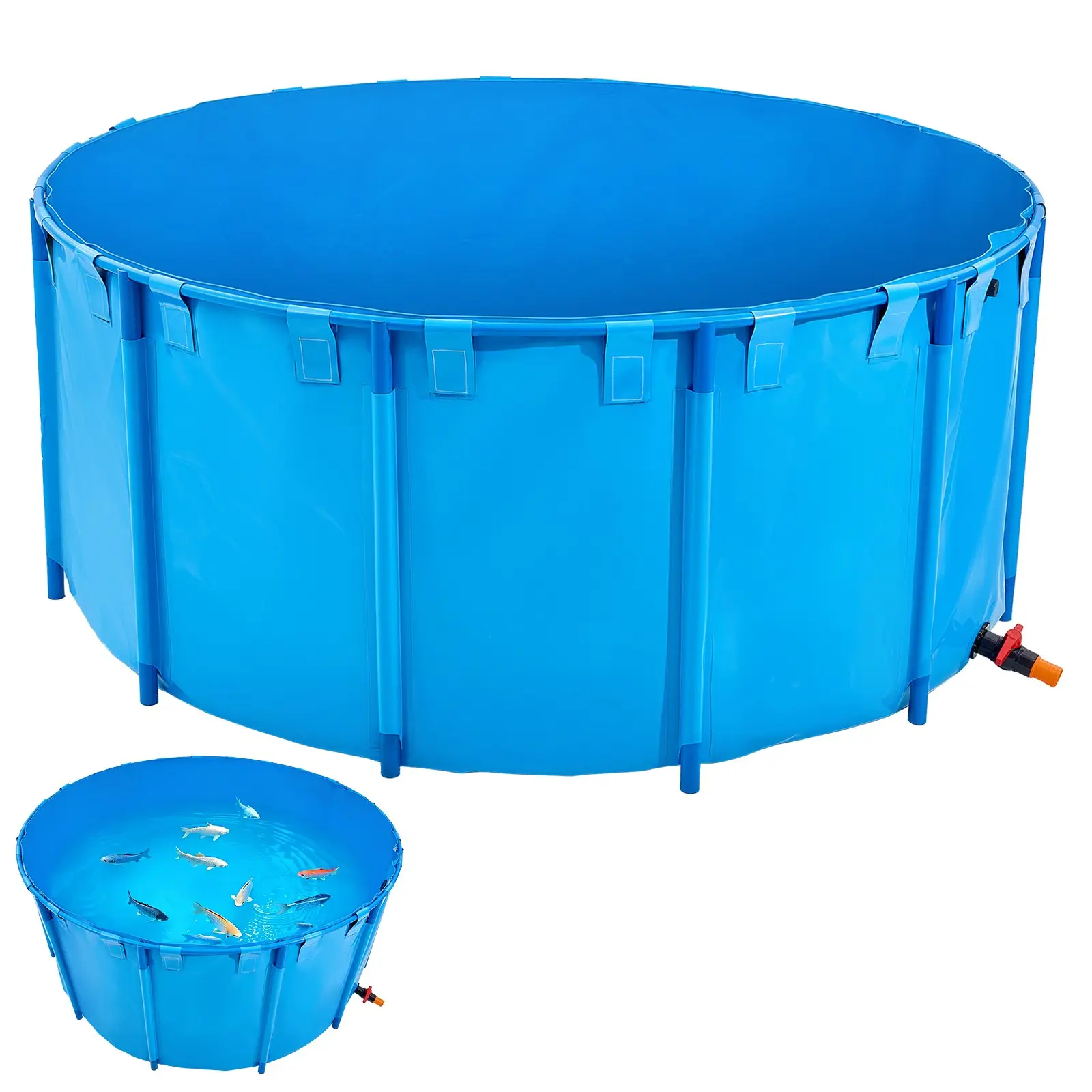 Canvas Fish Pond, 1320 Gal Capacity Above Ground Fish Pond, Foldable PVC Koi Tank, Round Goldfish Tank with Stable Frame and Drain Valve, for Aquaculture, Koi Breeding, and Irrigation (Blue)