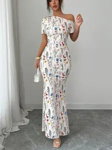 One Shoulder Short Sleeve Floral Fish Tail Long Dress, Side Pleat Waist Cinch Bodycon Party Gown, Elegant Random Print Evening Dress