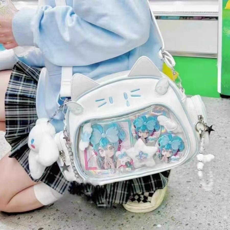 New Y2K Korean Kawaii Cat Ita Bag Cute PU Shoulder Bag Girls Transparent Pocket Harajuku Crossbody Bag Women's Fashion Backpacks