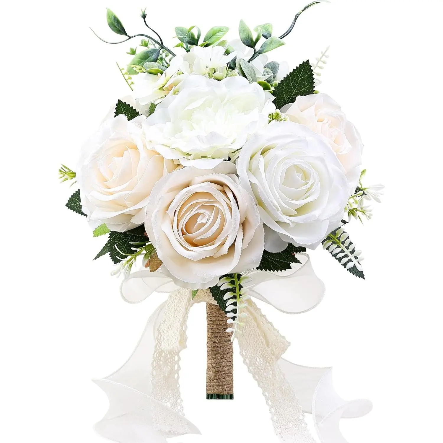 Artificial Silk Rose Bouquets - 9.5" Diameter, 11" High, Ivory White-Champagne Mix, for Bride, Simple Elegance Vintage Rustic Bridal Wedding Party Decor, Home Supplies Decorative Flowers