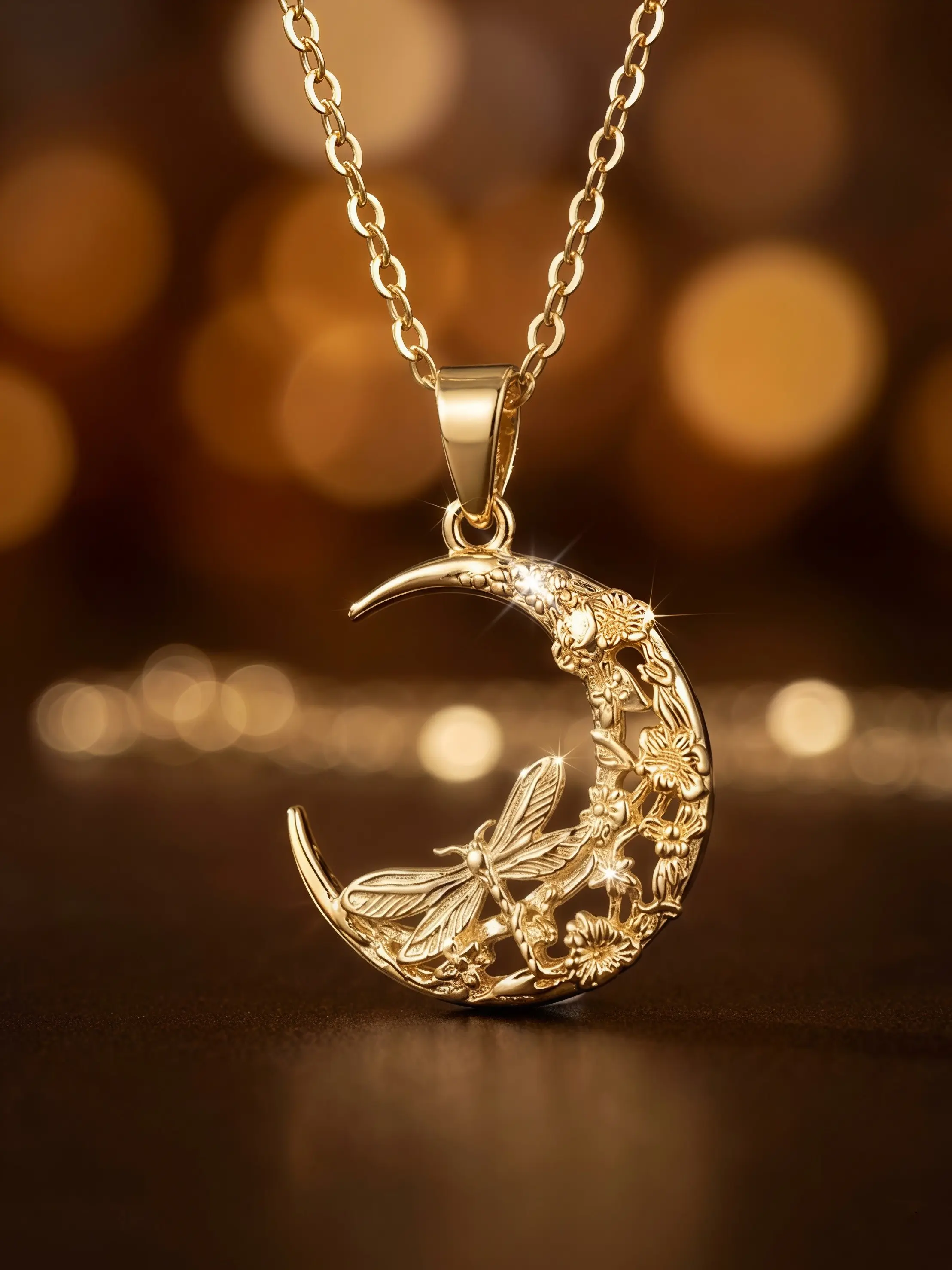 Gold Tone Crescent Moon Dragonfly Pendant Necklace for Women, Floral Openwork Nature Inspired Necklace