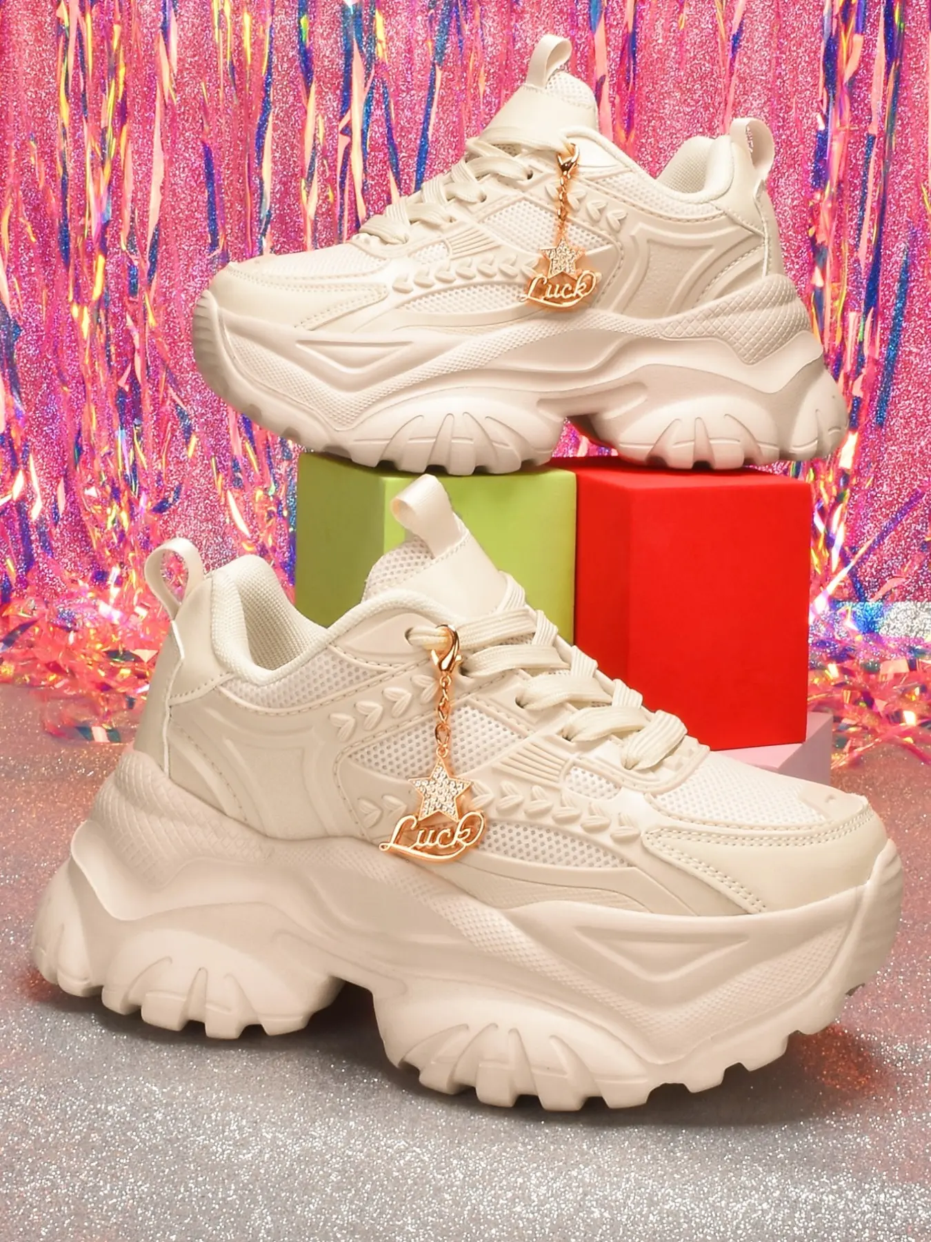 Women's Y2K Sweet Cool Style Sports Shoes, Lightweight Eva Heel Boosts 7cm, Detachable Rhinestone Pentagram Gold Luck Charm, All-Season Casual Footwear