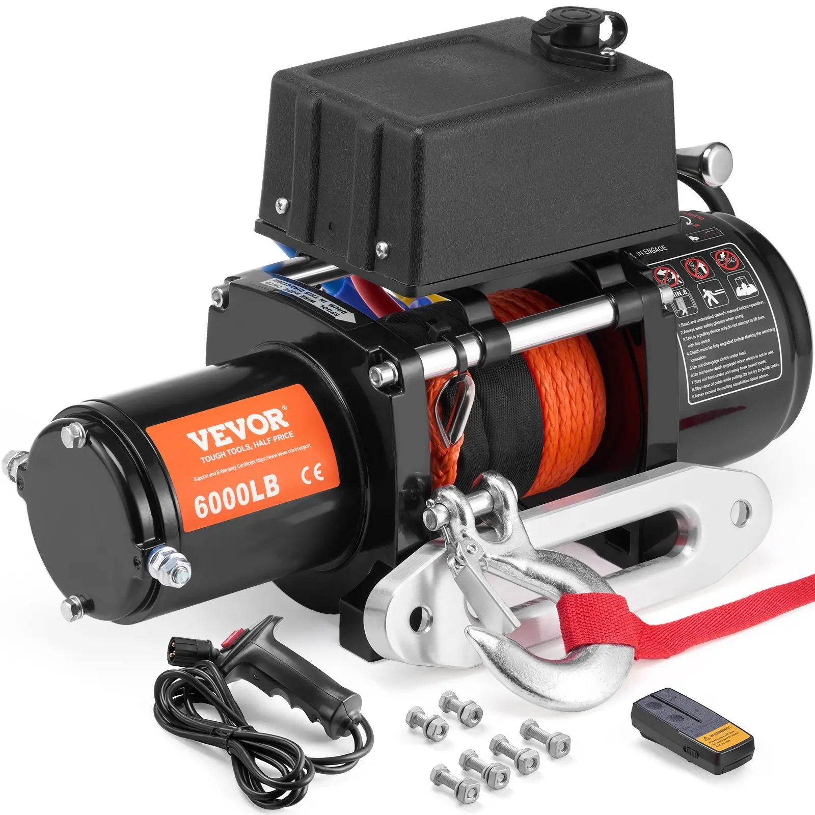 【toolupgrade】VEVOR 12V DC Electric Winch (6000 lbs Single Unit) - 1/4 in x 55 ft Synthetic Rope, Aluminum Fairlead, Wireless-Wired Remote Control, IP55 Waterproof, Color-Coded Power Cable, for Off-Road SUV Truck Towing