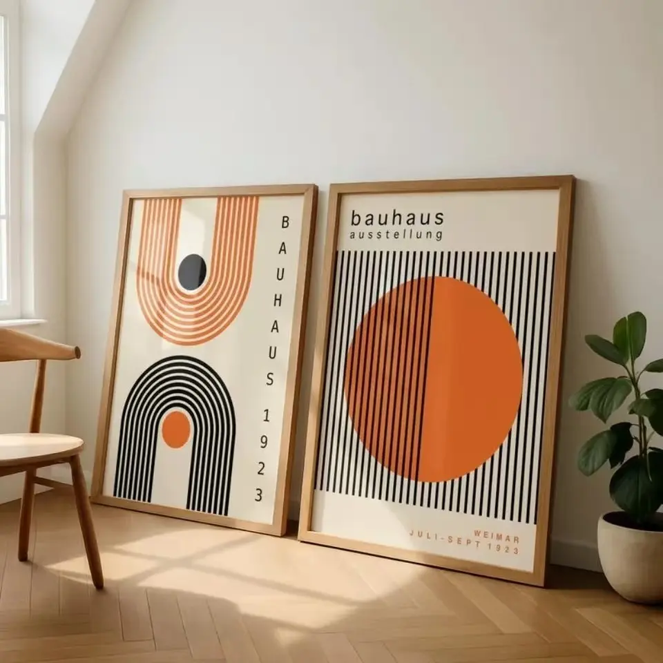 2pcs Frameless Orange Geometric Bauhaus Poster Oil Painting Medieval Modern Art Living Room Bedroom Wall Canvas Decorative Painting
