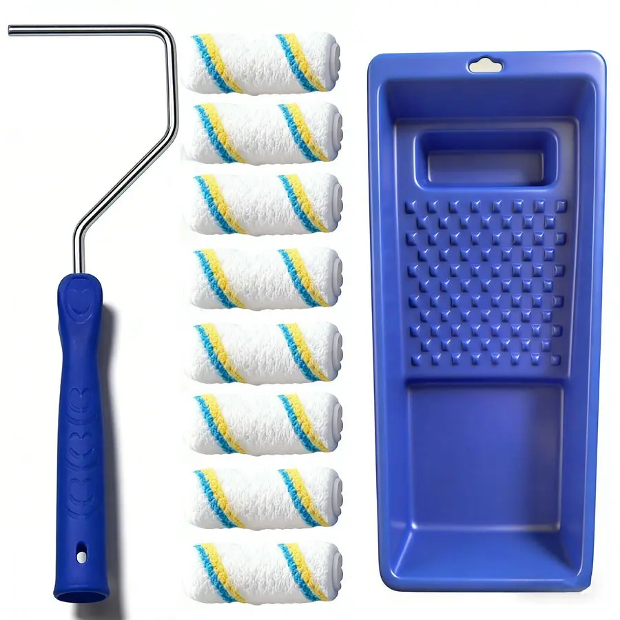 Paint Roller Set - 10 Piece Paint Tool Kit, Mini Plastic Paint Tray Set, Mini Roller Rack, Ultra-Fine Fiber Roller Sleeve, Painter Tool