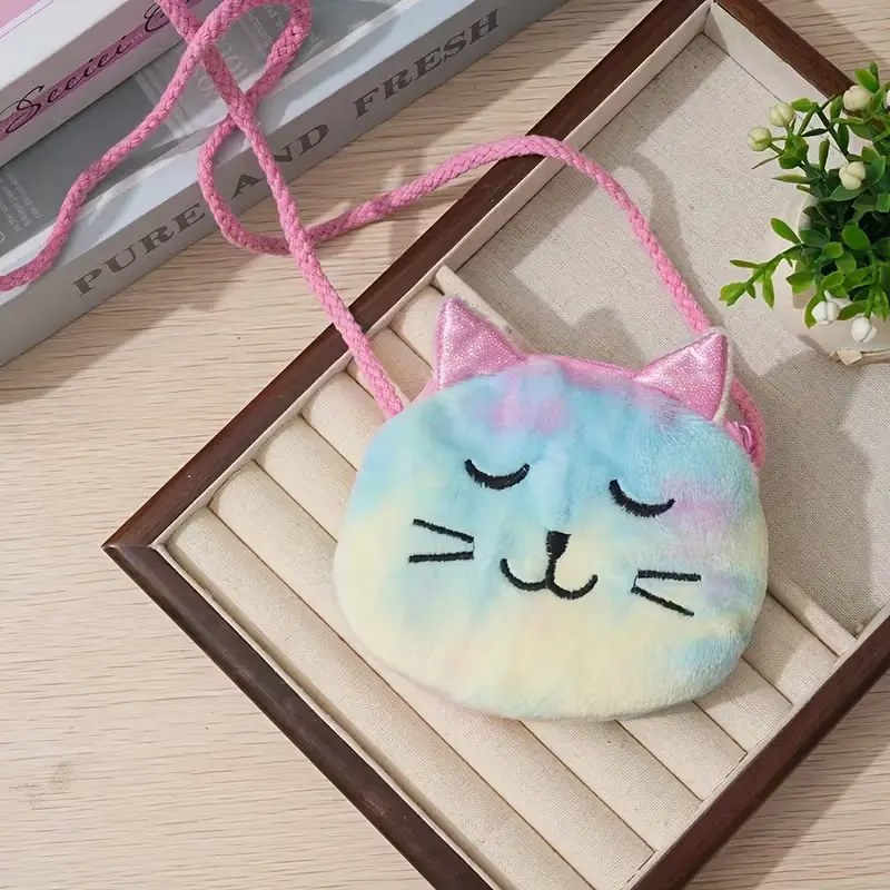 Cute Cat Face Design Bag, Random Tie-Dye Plush Fabric, High-Style Single Shoulder Crossbody Pouch, Lipstick Data Cable Organizer, Birthday Christmas Gift